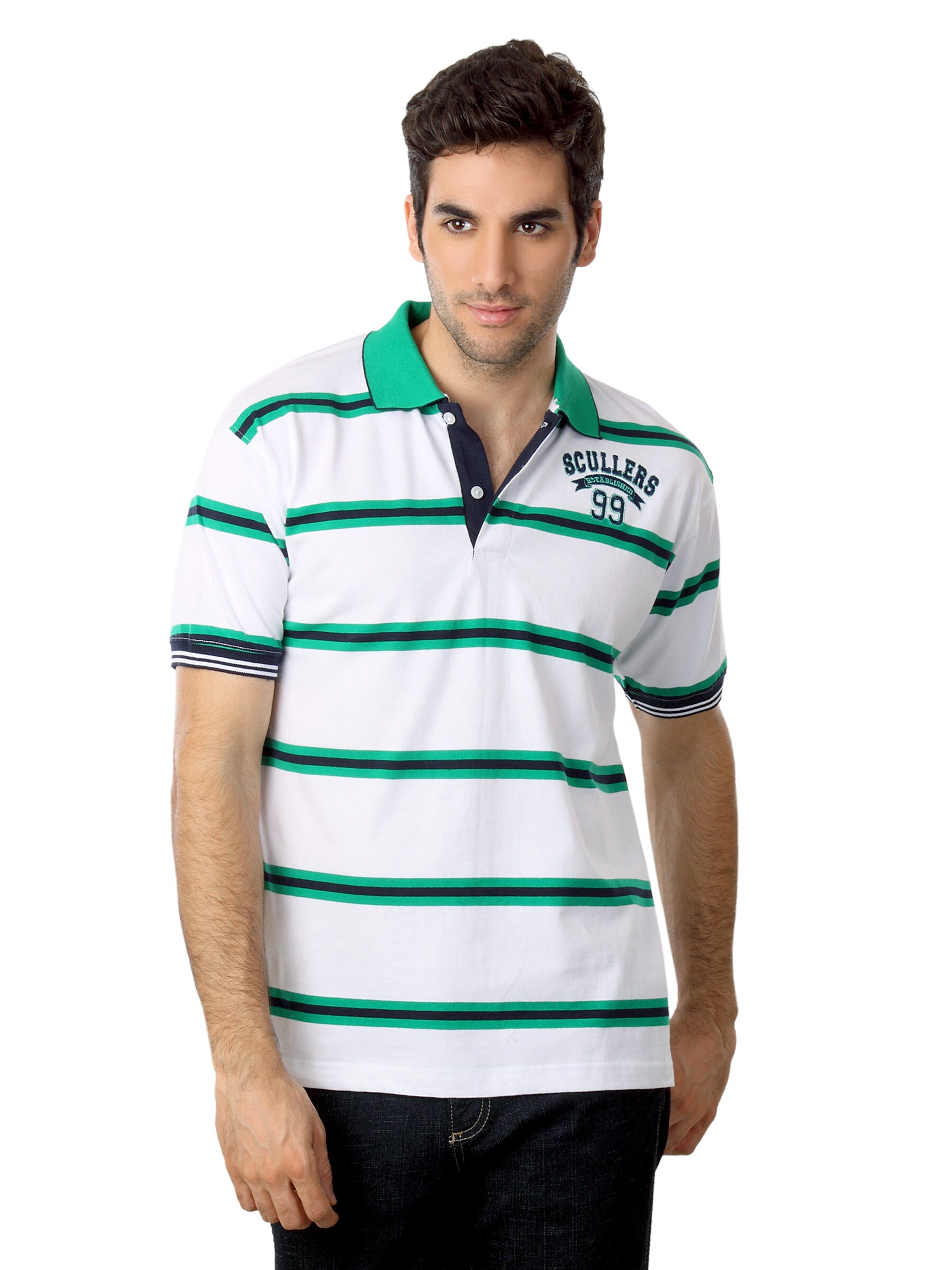 Scullers Men White & Green Striped T-shirt