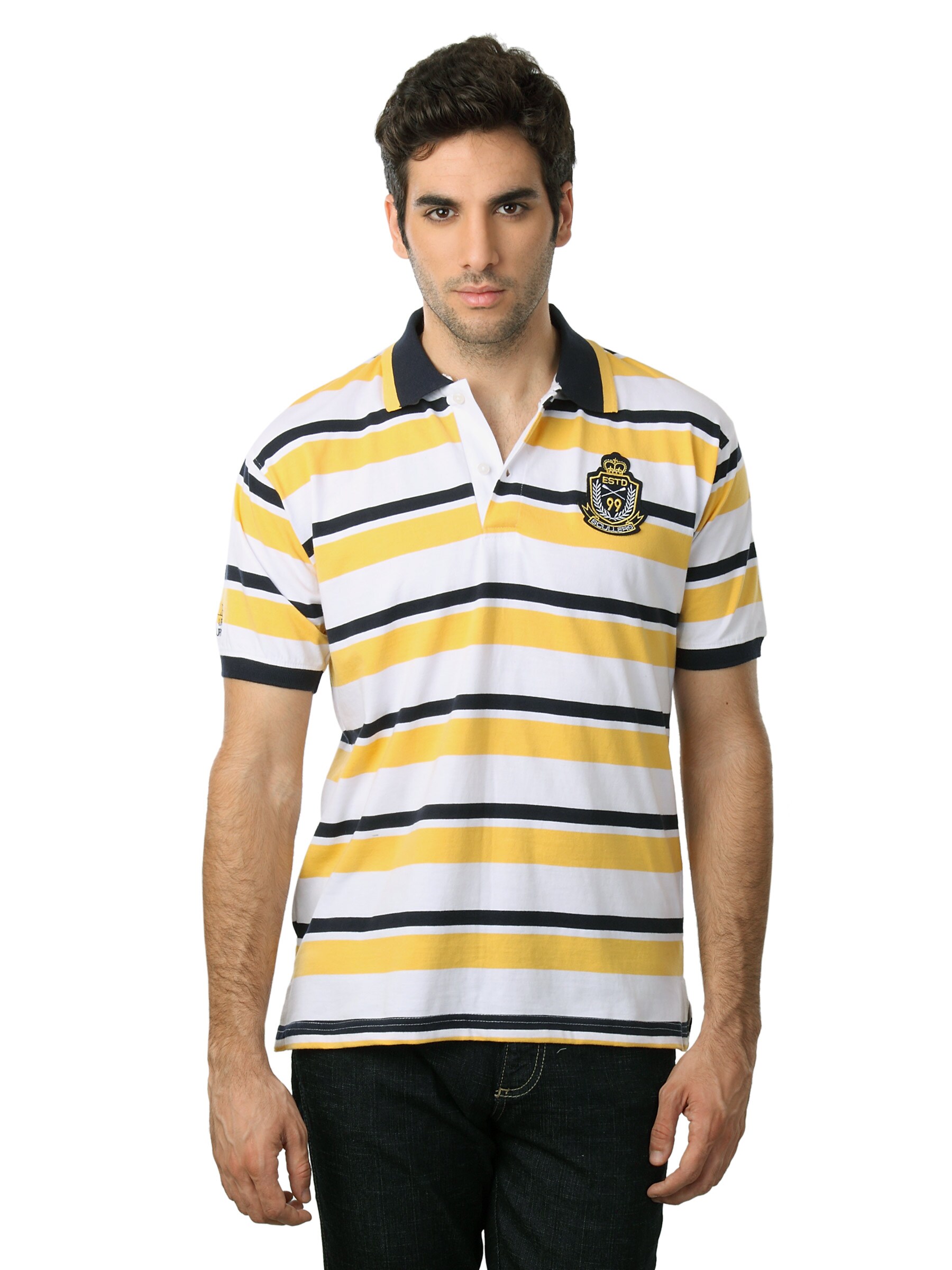 Scullers Men Yellow & Navy Blue Striped T-shirt