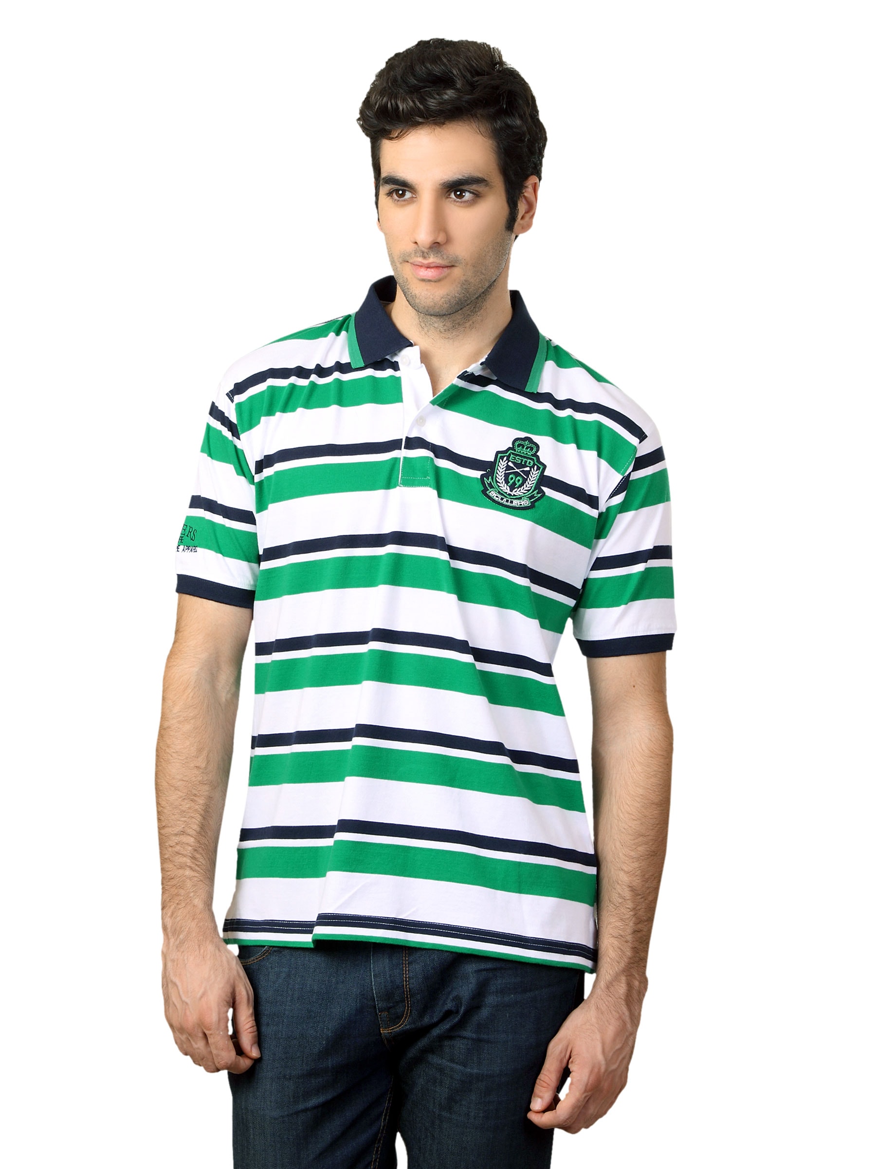 Scullers Men Green & White Striped T-shirt