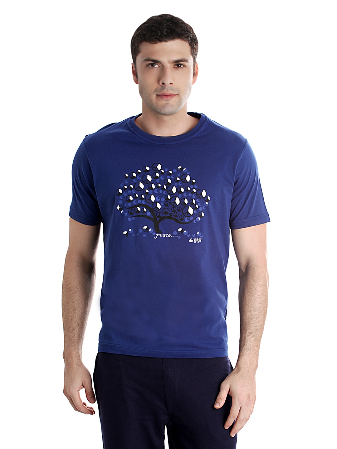 Urban Yoga Men Printed Navy Blue T-shirt
