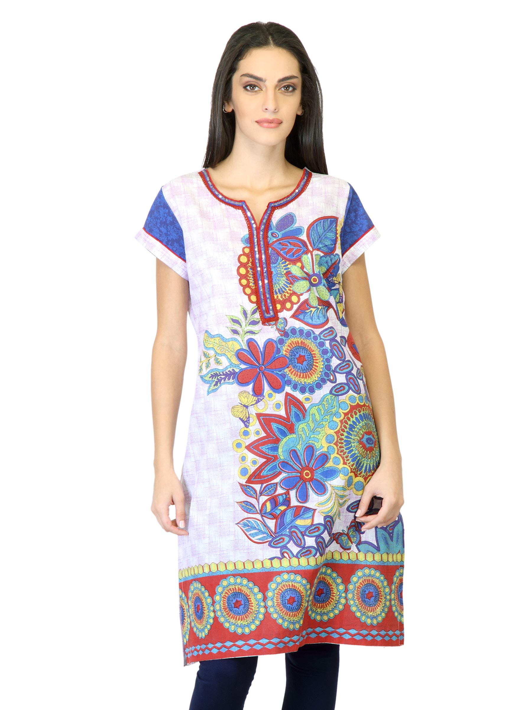 Biba Women Printed White & Purple Kurta