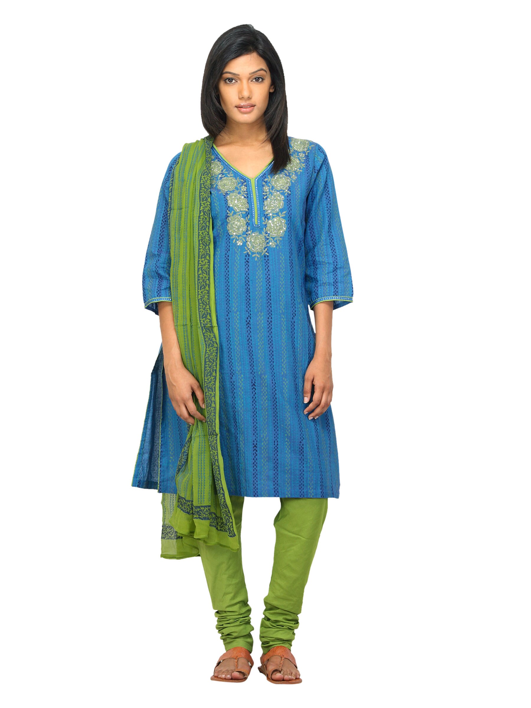 Biba Women Blue & Green Printed Churidar Kurta with Dupatta