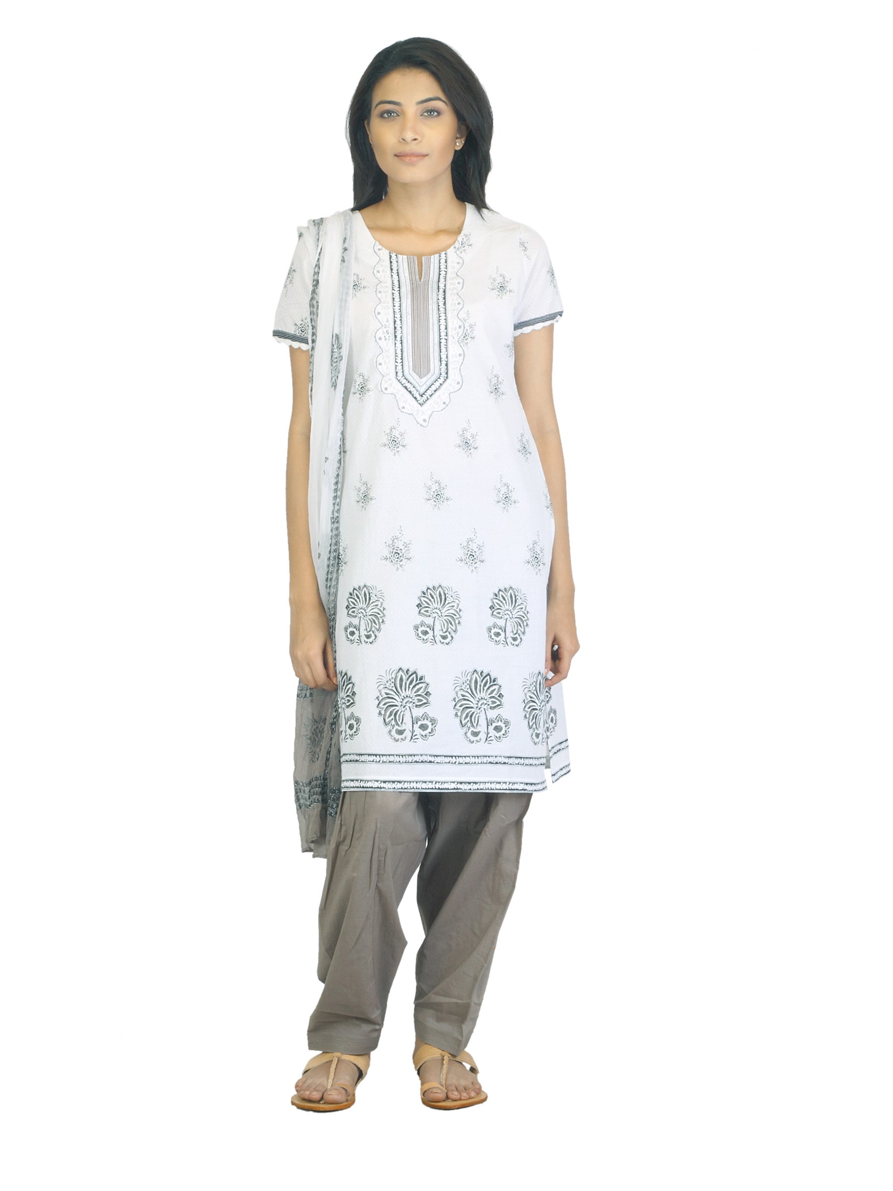 Biba Outlet Women White & Grey Printed Salwar Suit with Dupatta