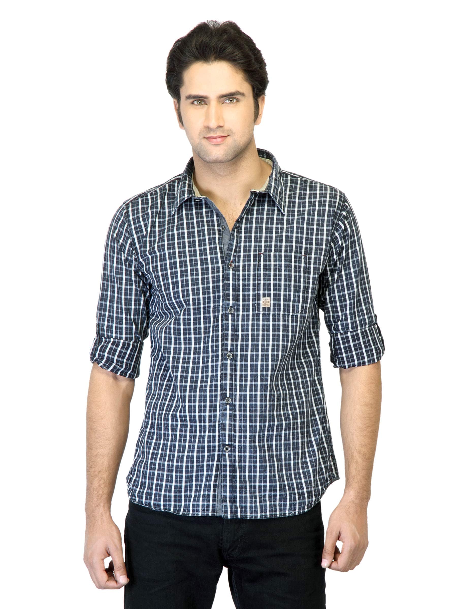 Basics Men Blue Checked Slim Fit Shirt