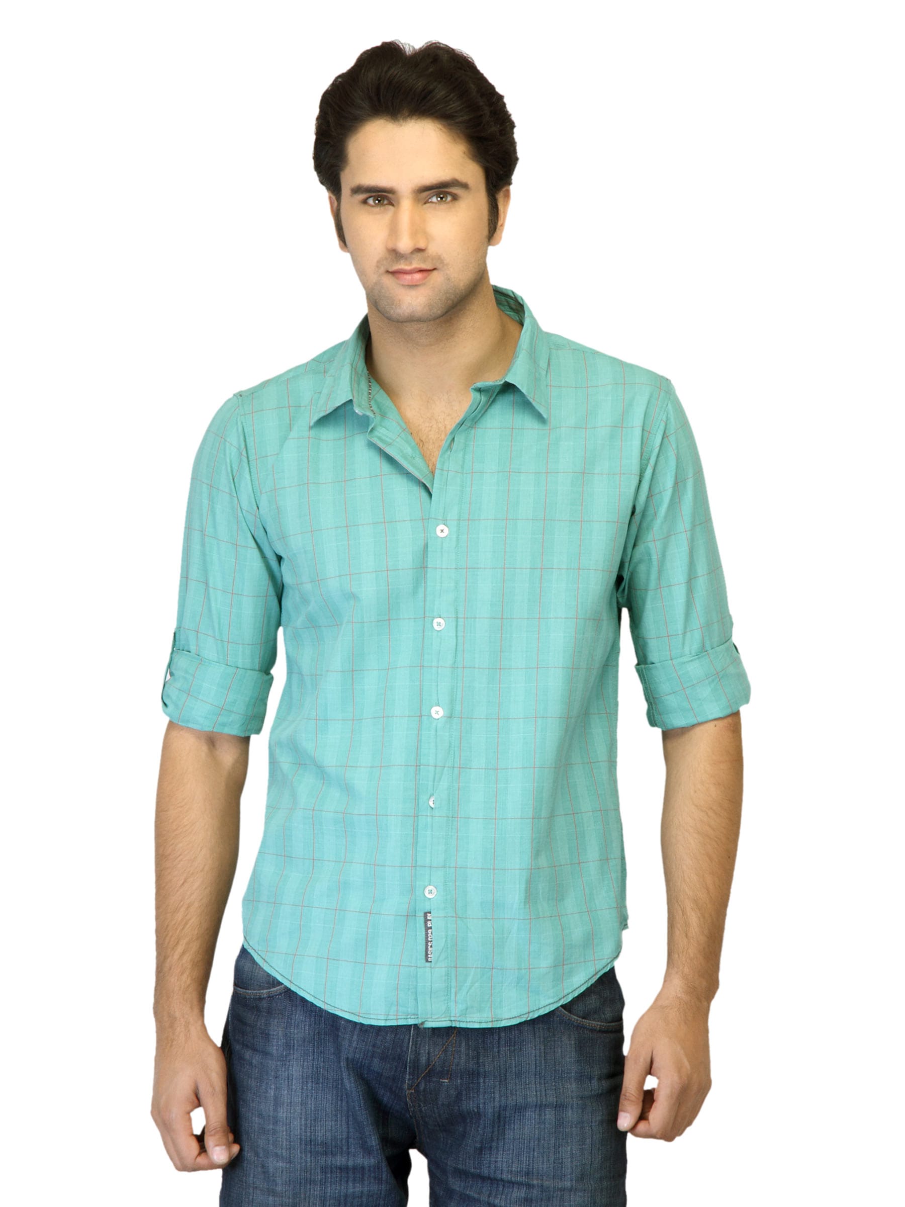 Basics Men Green Checked Slim Fit Shirt