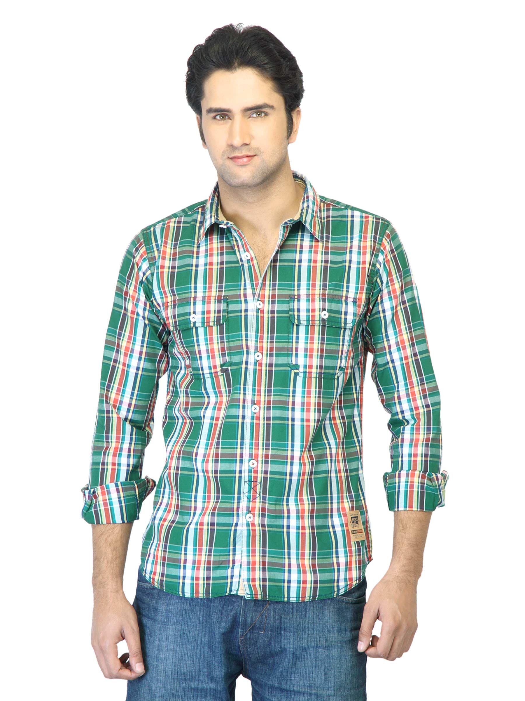 Basics Men Green Checked Slim Fit Shirt