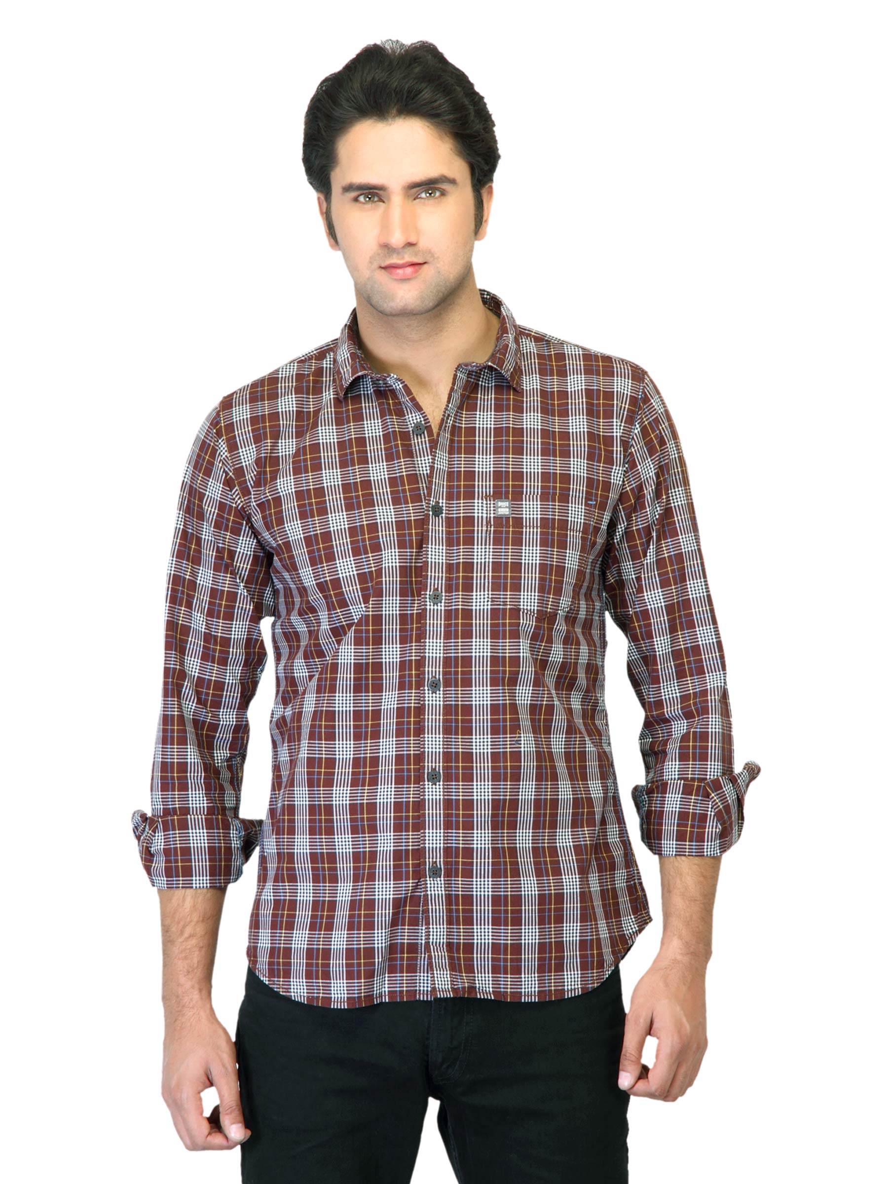 Basics Men Brown Checked Slim Fit Shirt