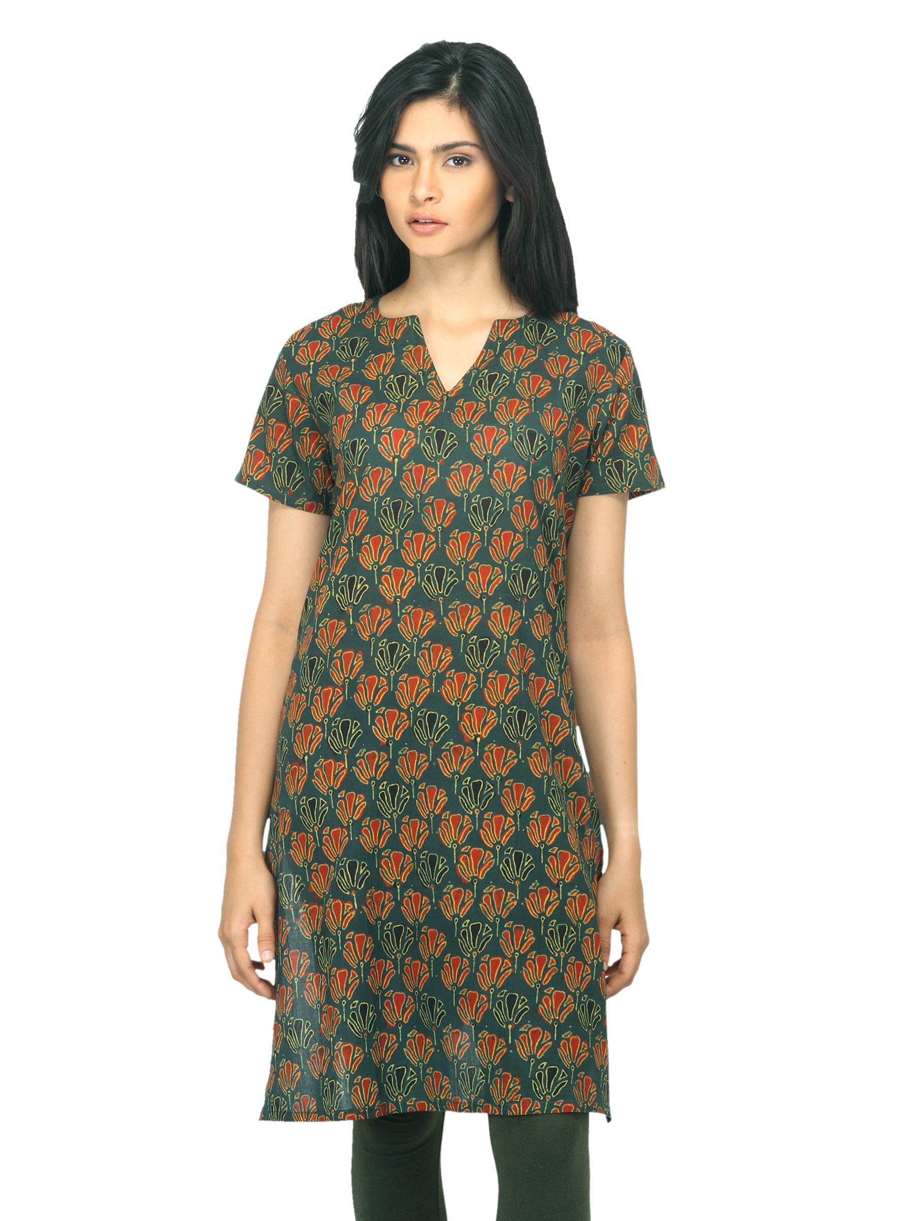 Fabindia Women Printed Green Kurta