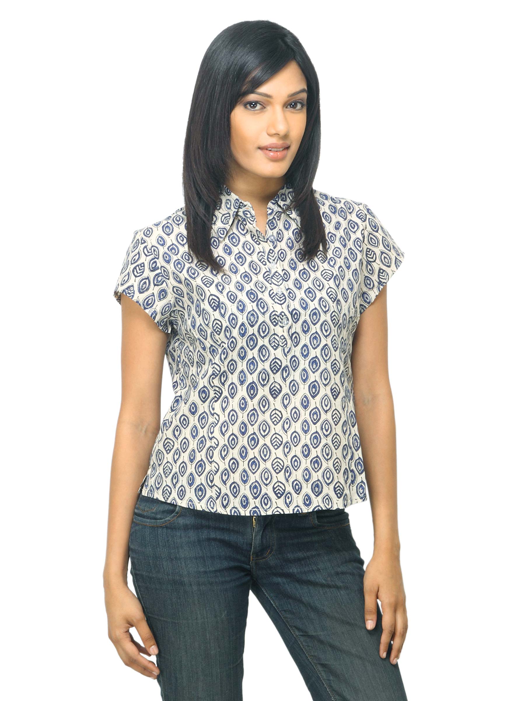 Fabindia Women Printed Beige & Blue Top