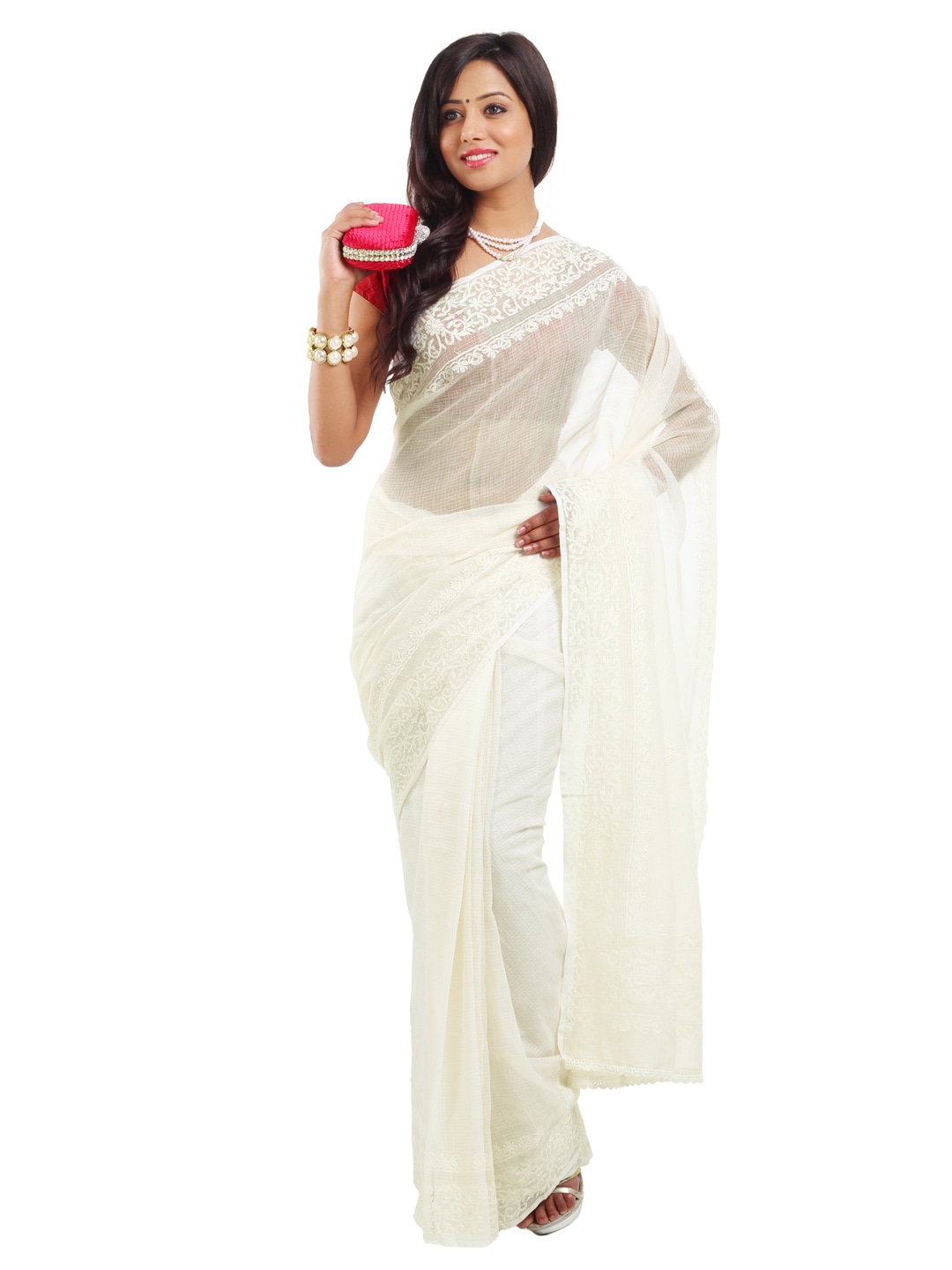 Fabindia Off White Embroidered Traditional Cotton Saree