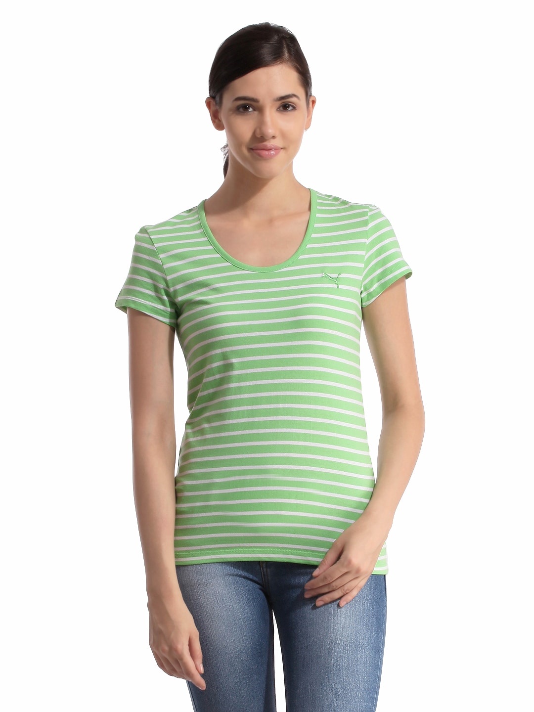 Puma Women Striped Green T-shirt