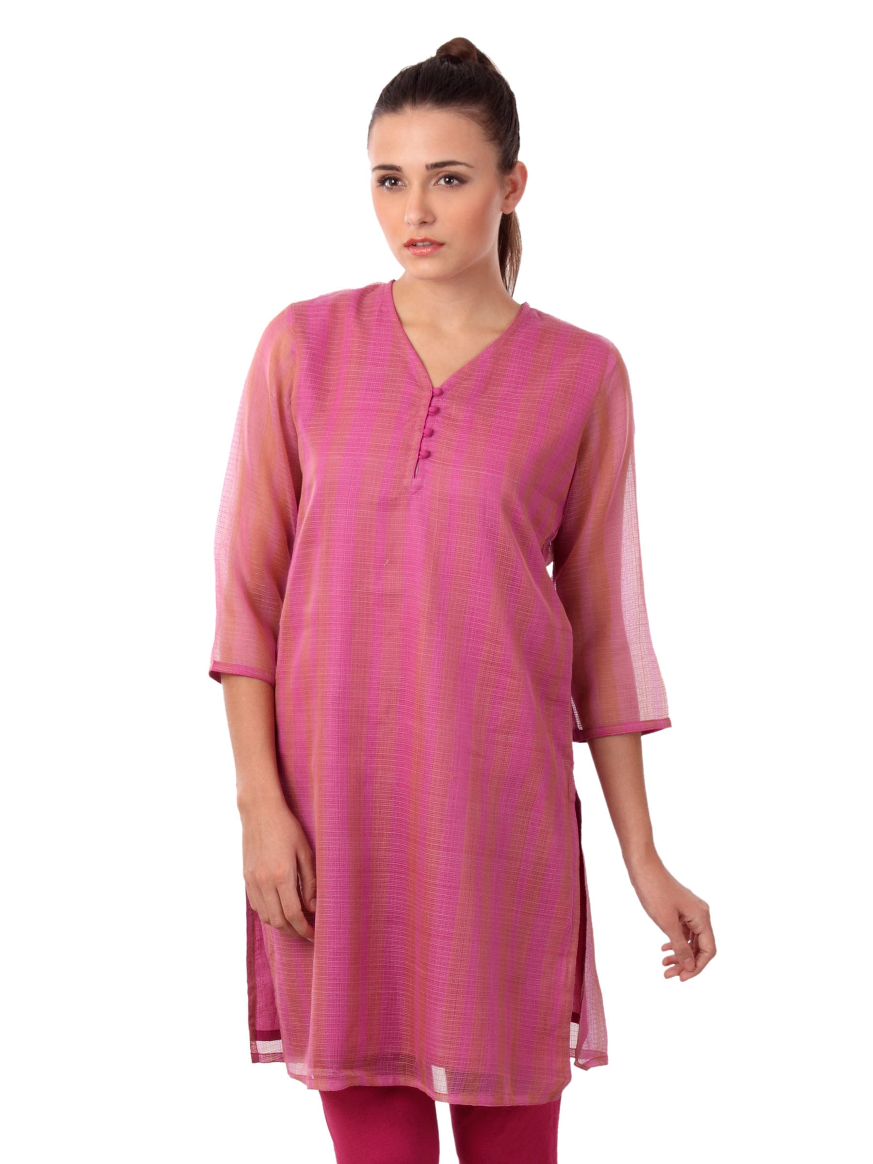 Fabindia Women Pink & Orange Striped Kurta