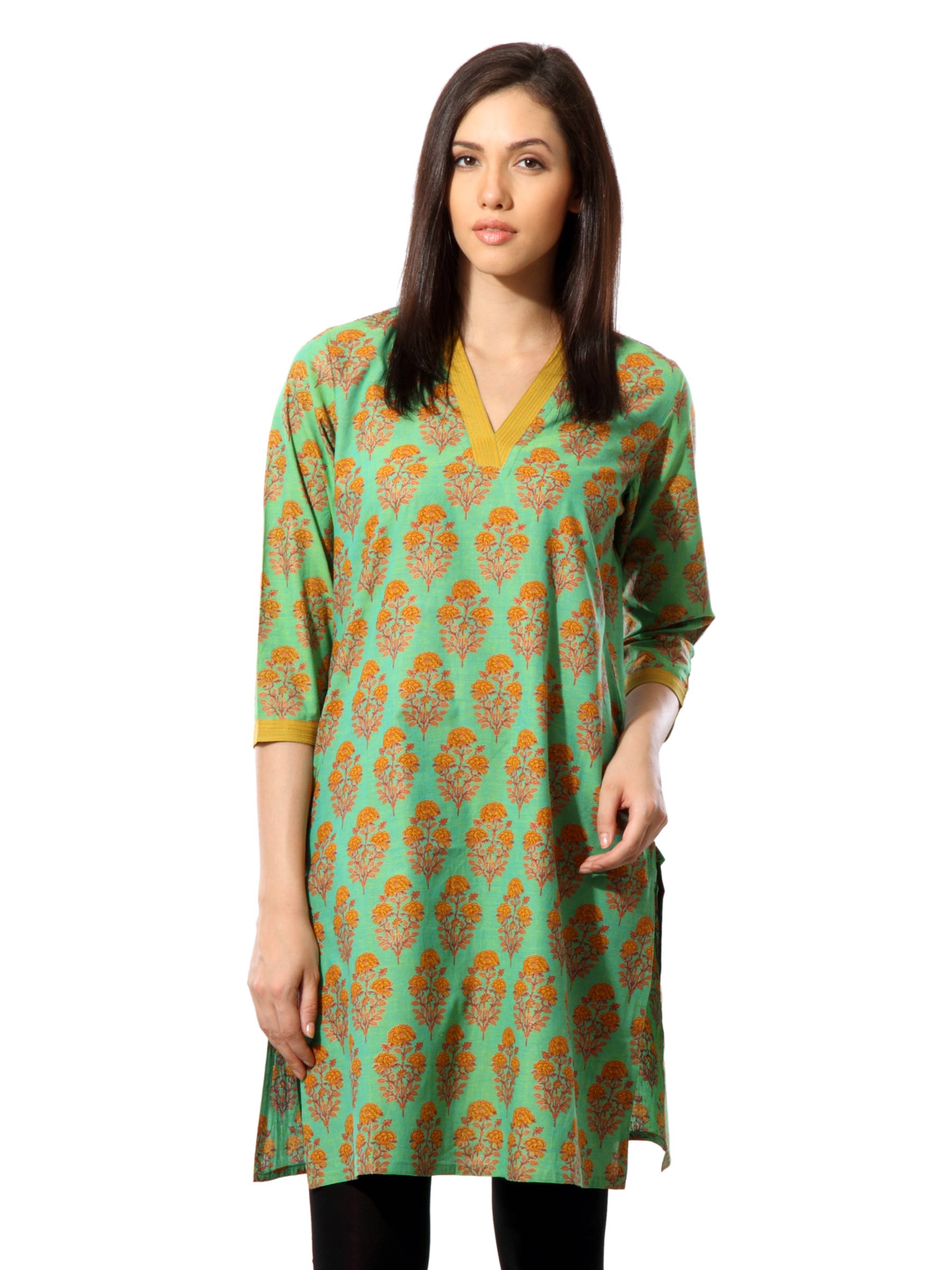 Fabindia Women Printed Green Kurta