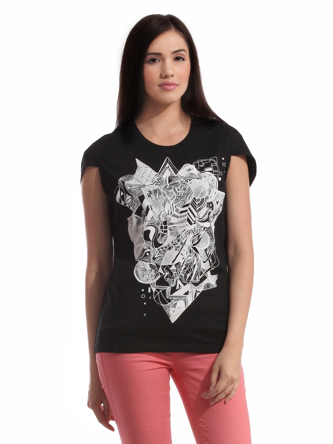 ADIDAS Women Printed Black T-shirt