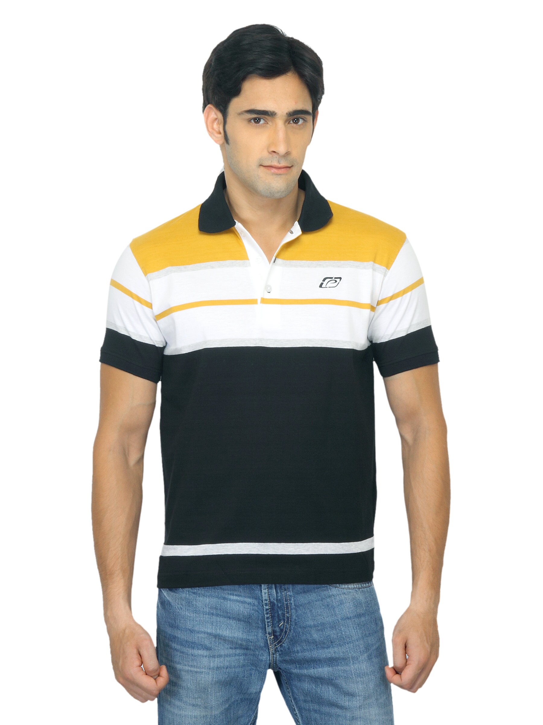 Proline Men Black & Yellow Colourblocked Polo T-shirt