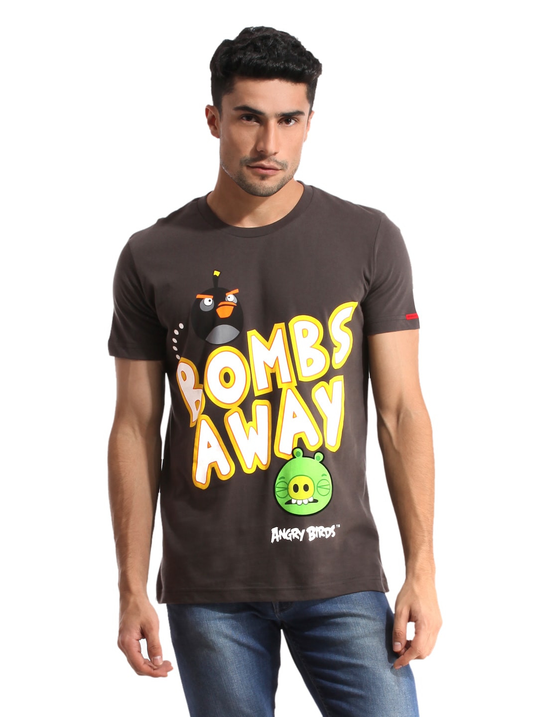 Angry Birds Men Printed Charcoal Grey T-shirt