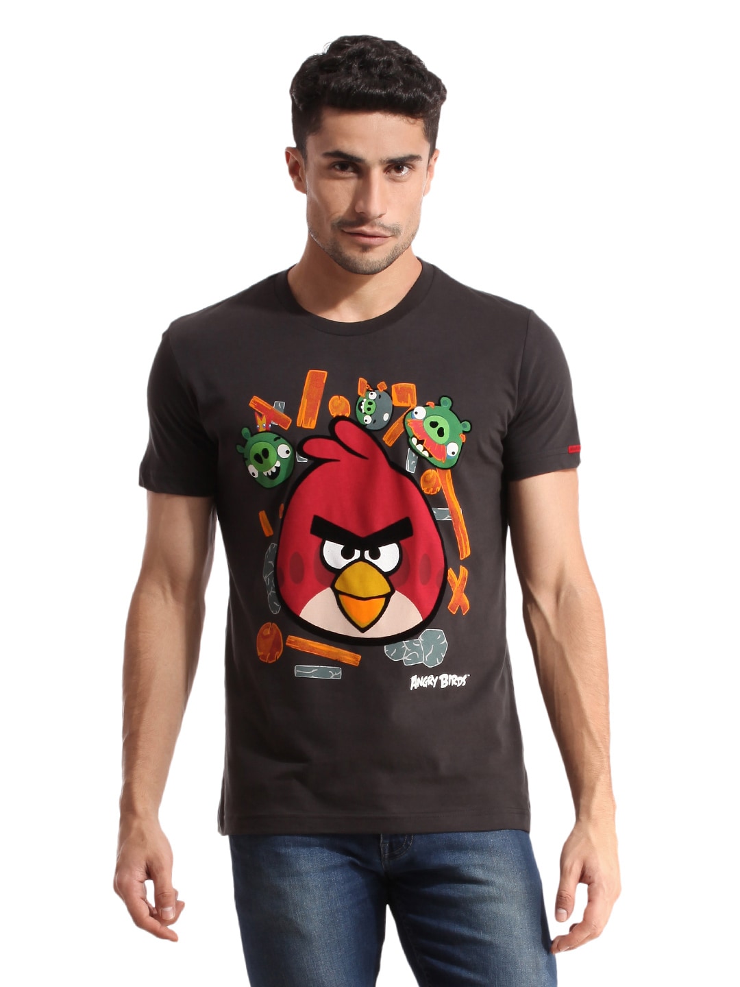 Angry Birds Men Printed Charcoal Grey T-shirt