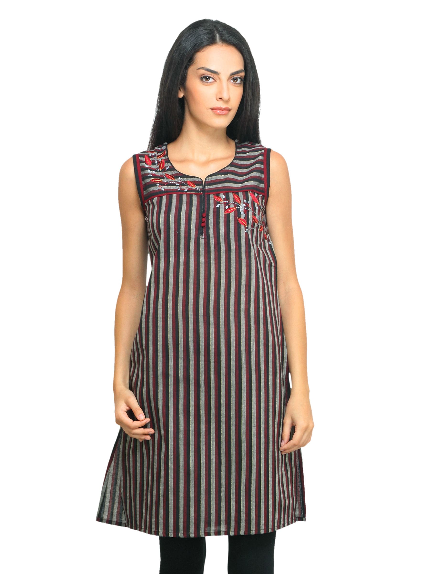 Mother Earth Women Striped Black & Maroon Kurta