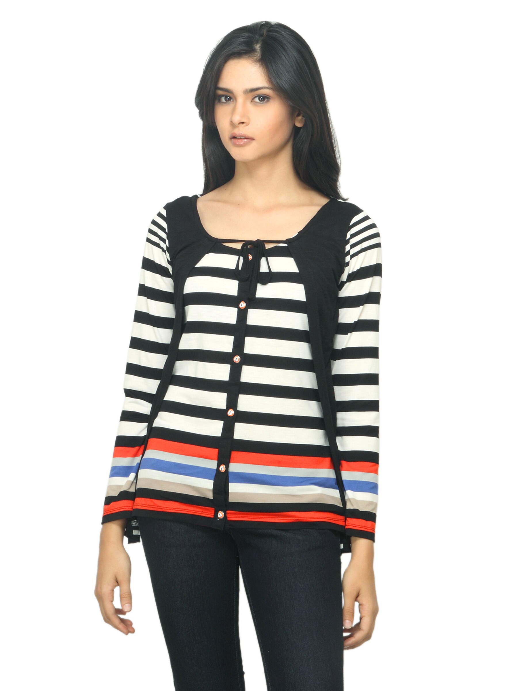 Sepia Women Striped Black Top