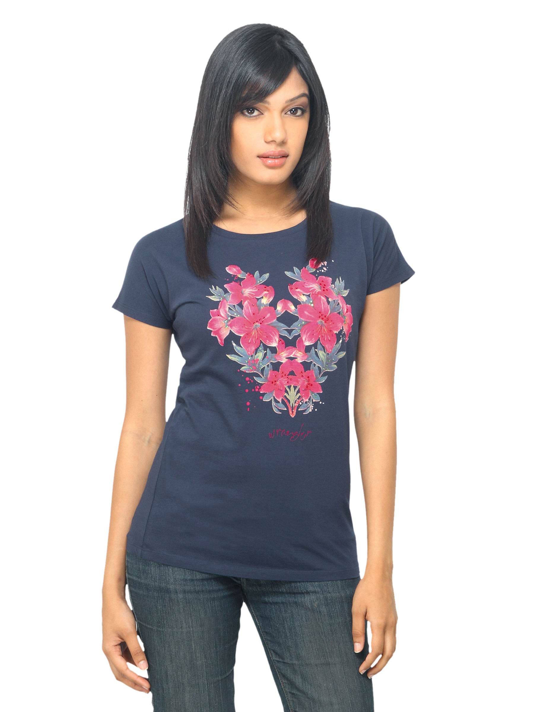 Wrangler Women Floral Stud Navy Blue T-shirt