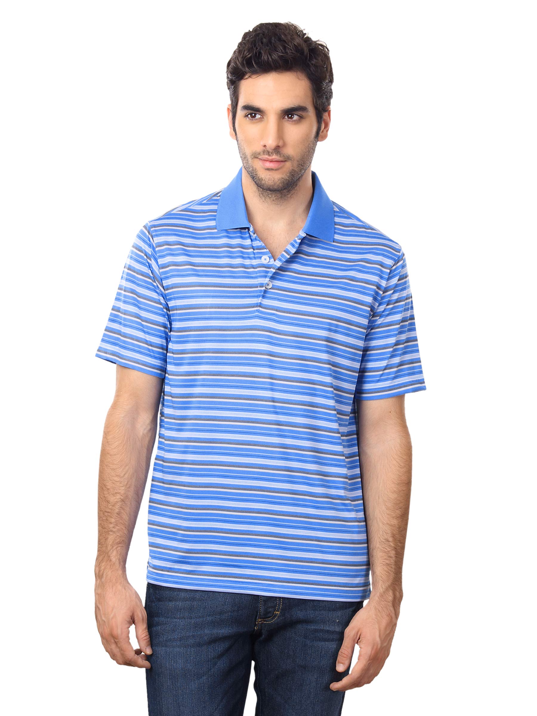 ADIDAS Men Blue & White Striped Polo T-shirt