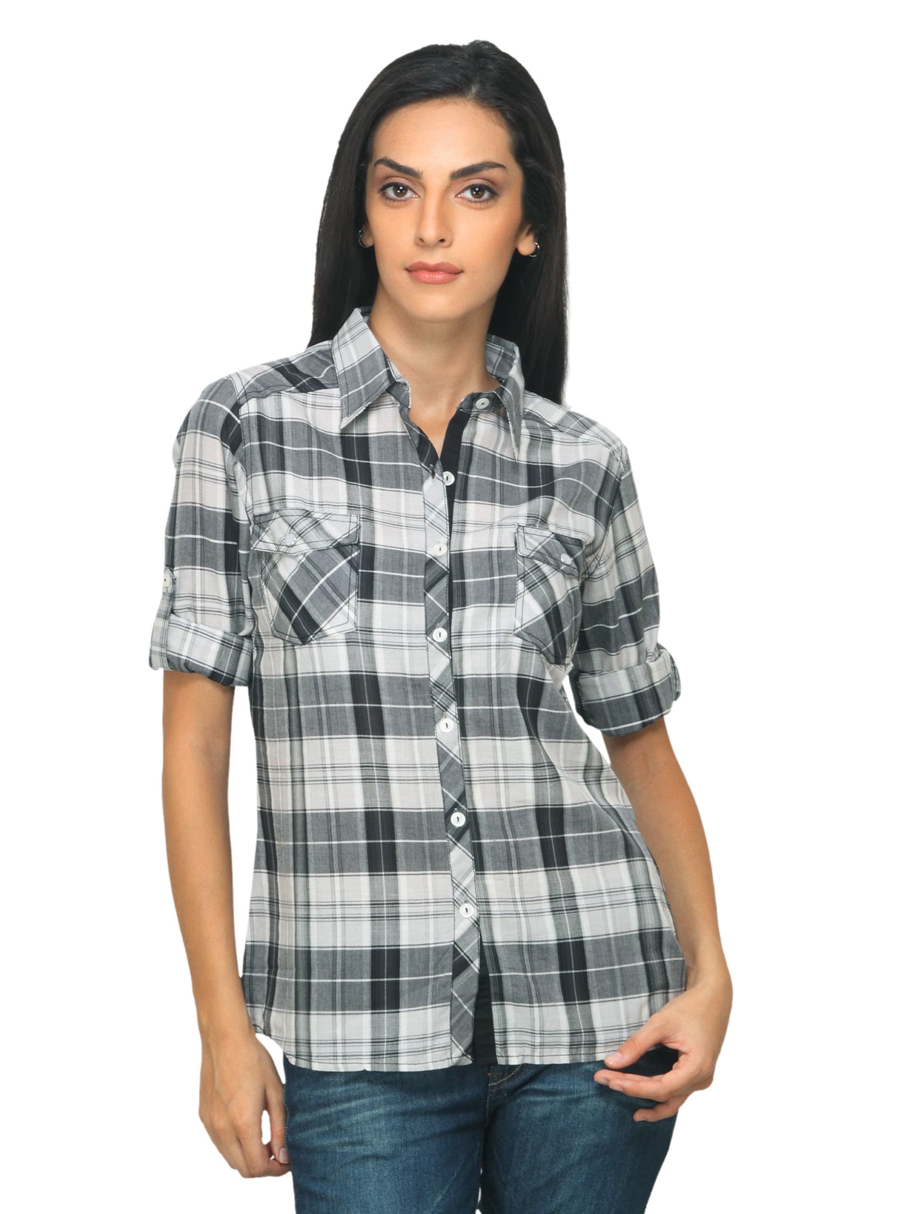 Femella Women Check Grey Shirt