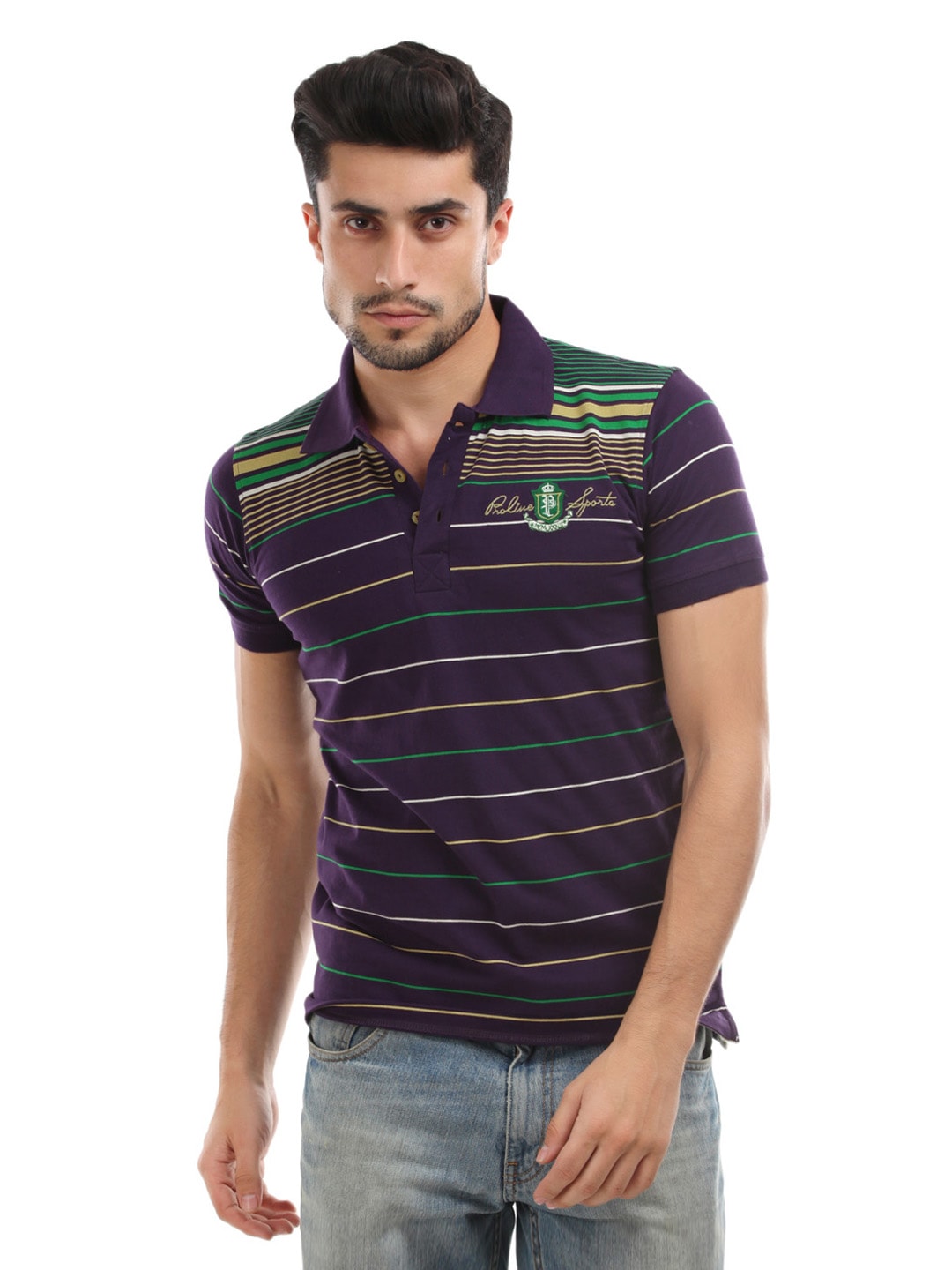 Proline Purple & Green Striped Polo T-shirt