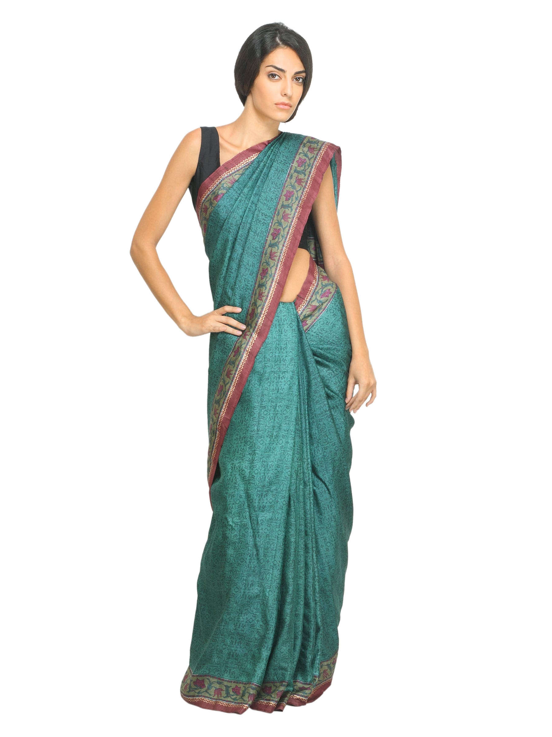 Fabindia Women H& Printed Green Silk Sari