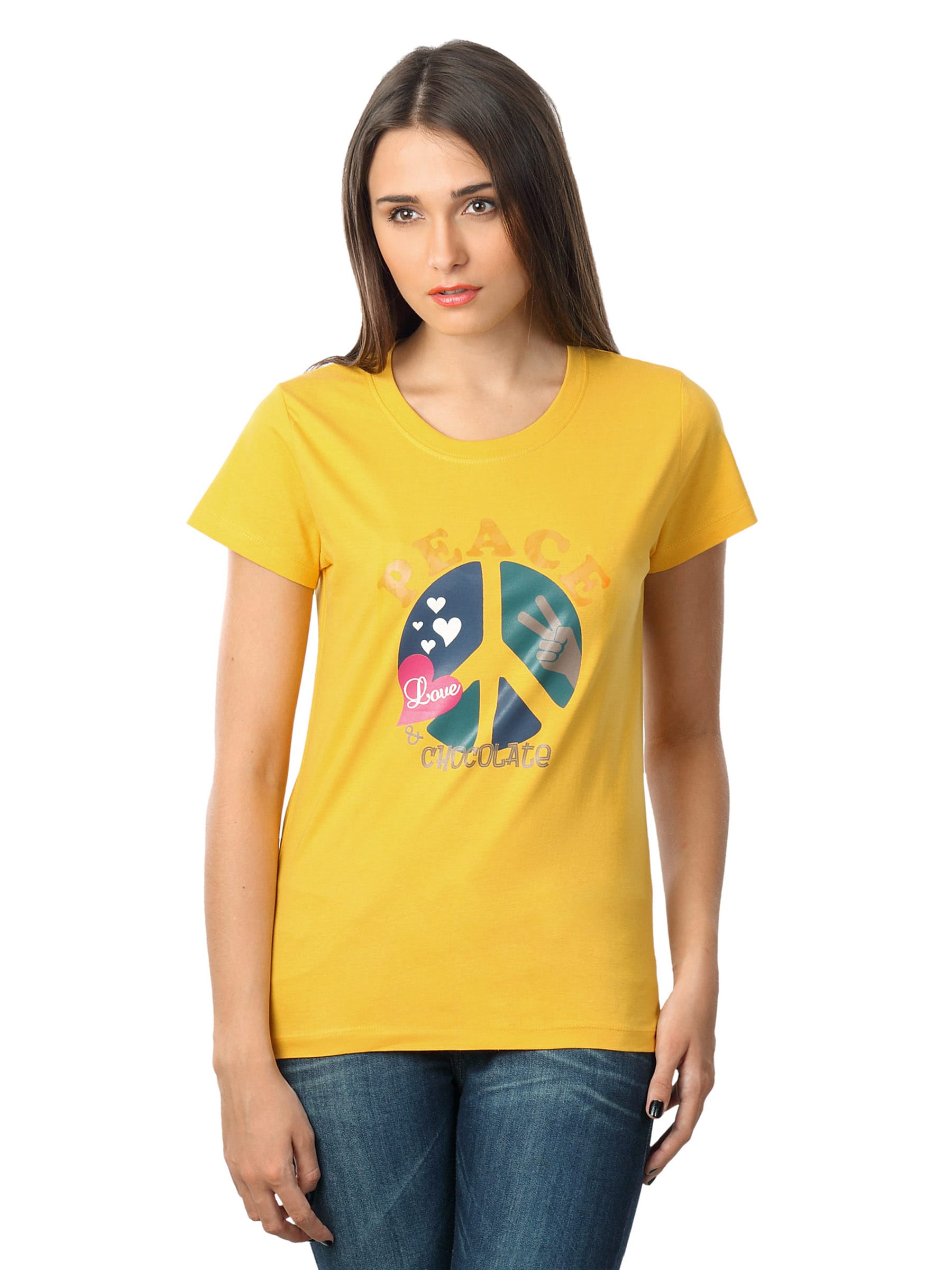 Myntra Women Peace Love Chocolate Yellow T-shirt
