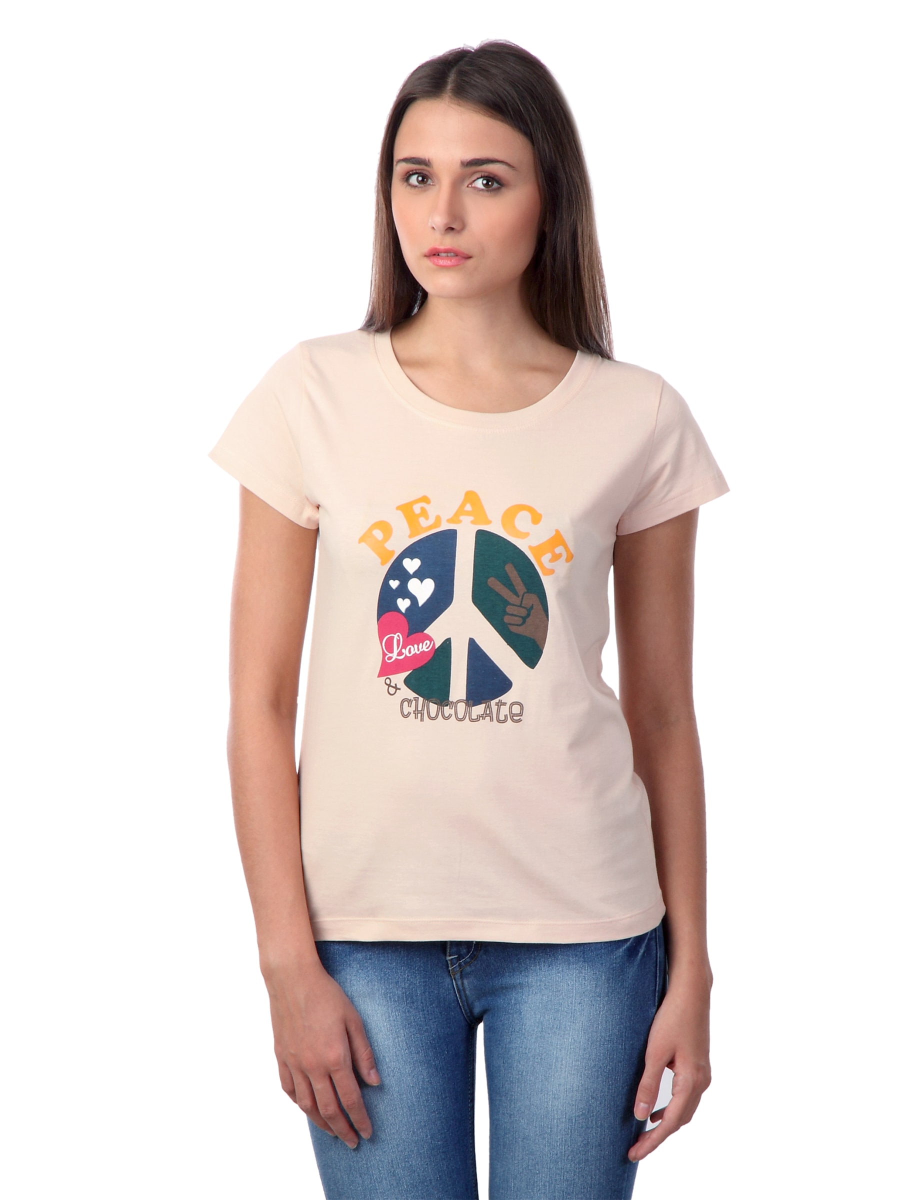 Myntra Women Peach Peace Love Chocolate T-shirt