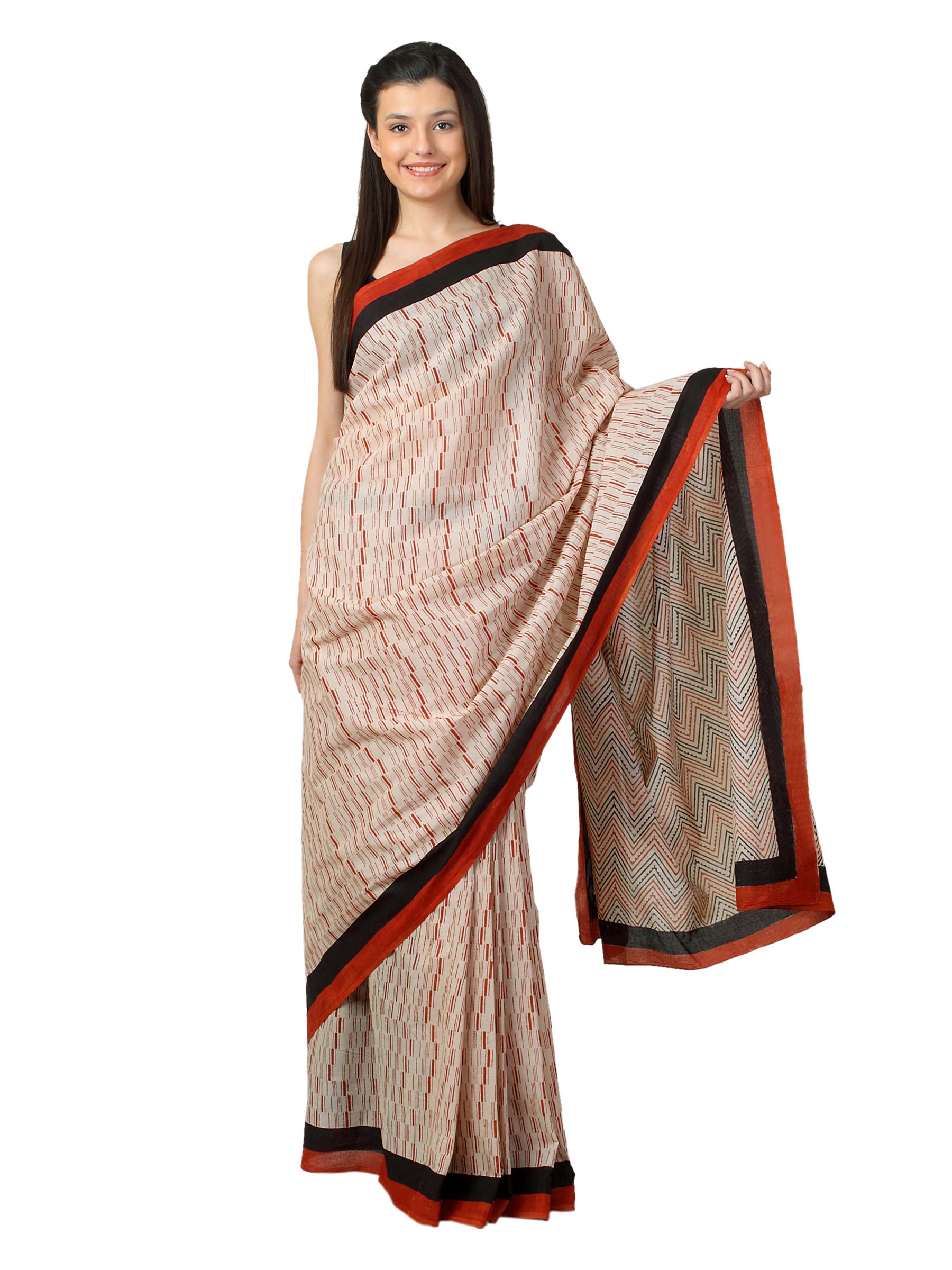 Fabindia Women H& Printed Beige & Rust Sari