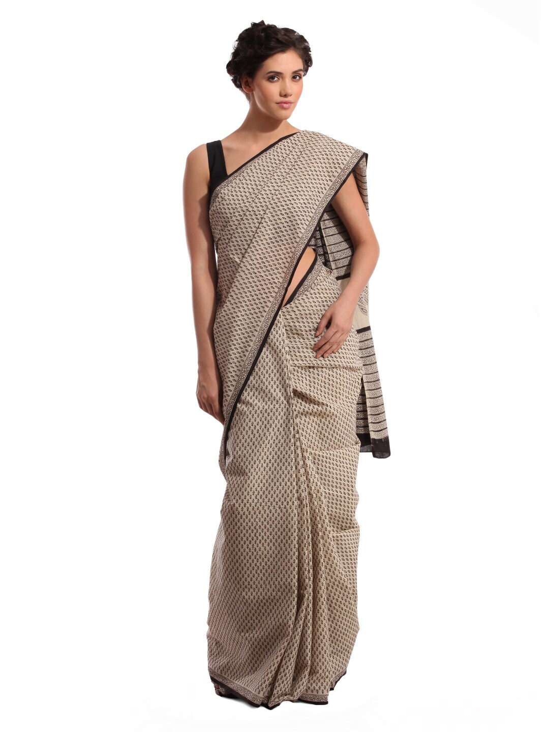 Fabindia Beige Jaipur Print Cotton Sari