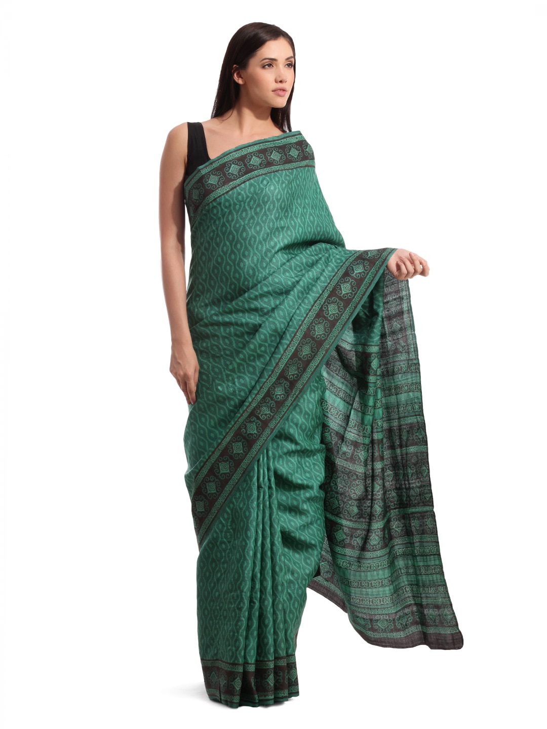 Fabindia Printed Green Silk Sari