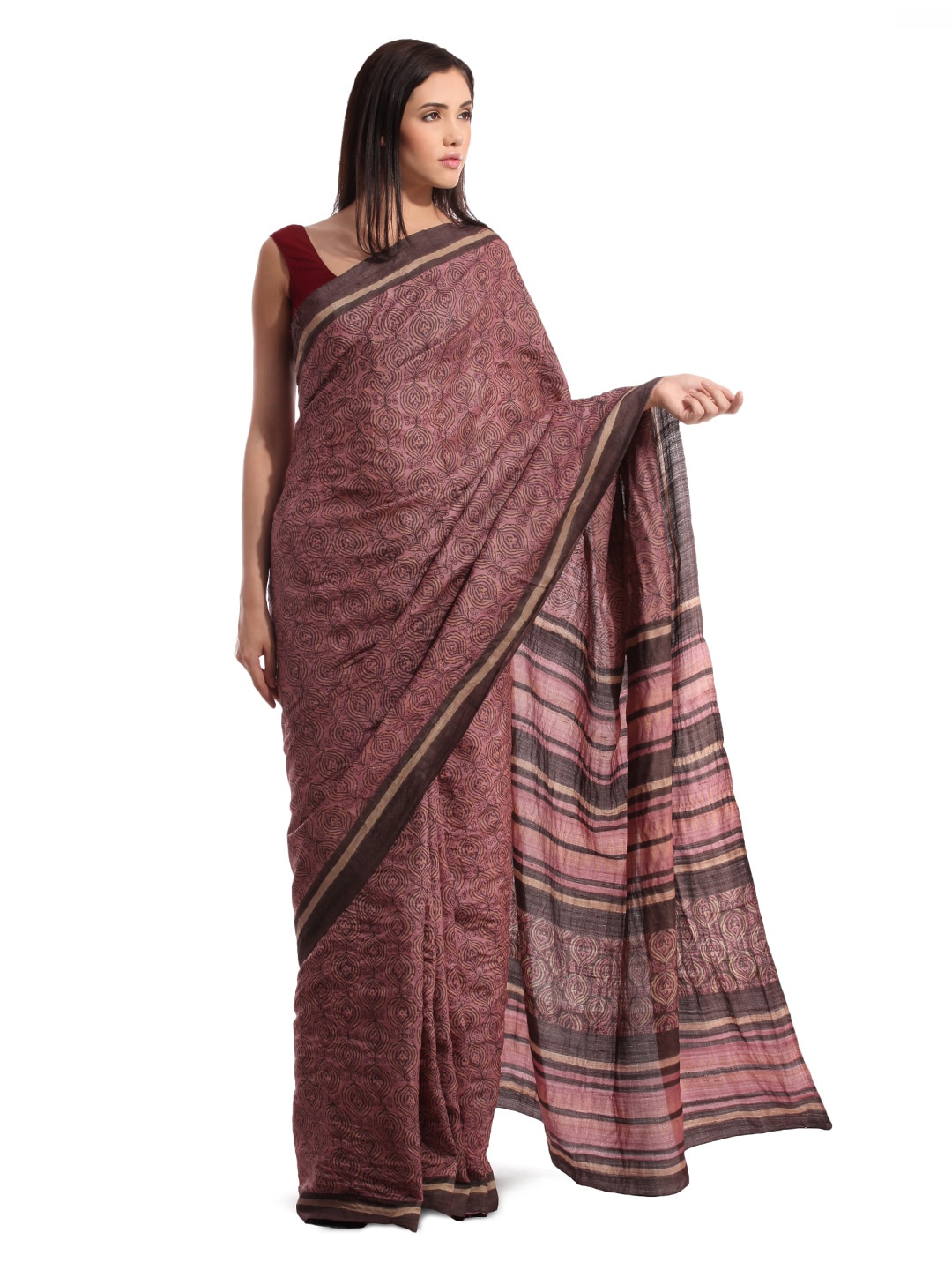 Fabindia Burgundy Silk Hand Printed Sari