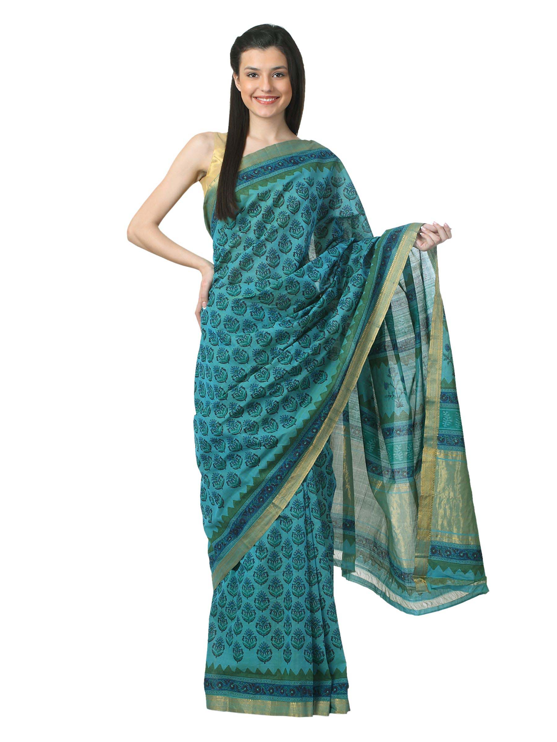 Fabindia Women H& Printed Green Sari