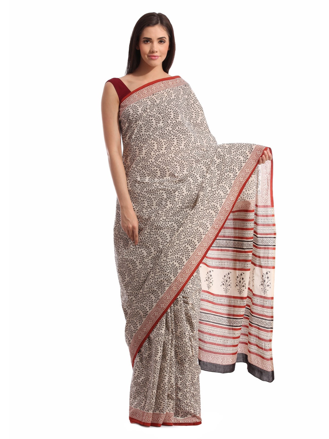 Fabindia H& Printed Cream Cotton Sari