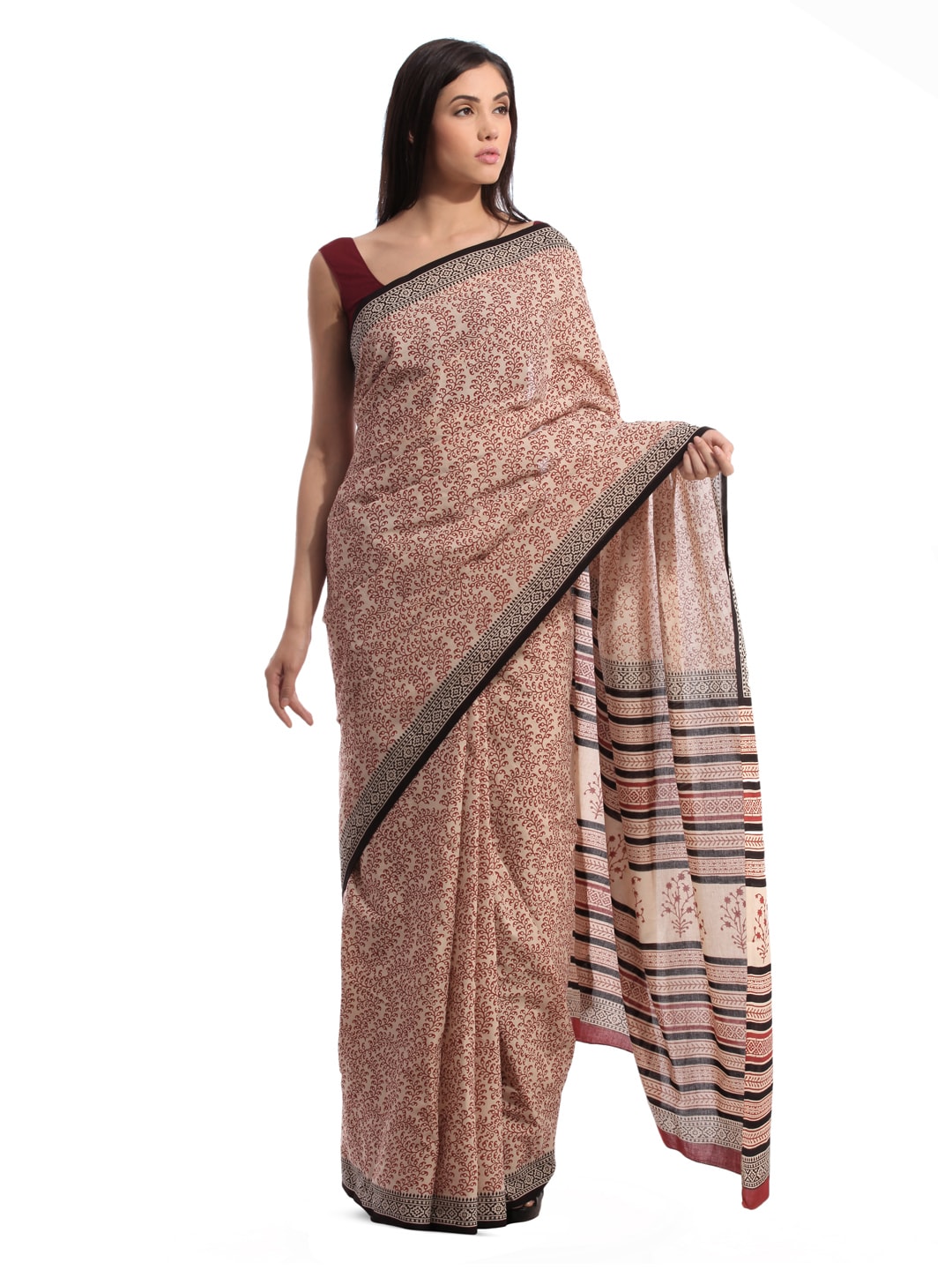 Fabindia H& Printed Red Cotton Sari