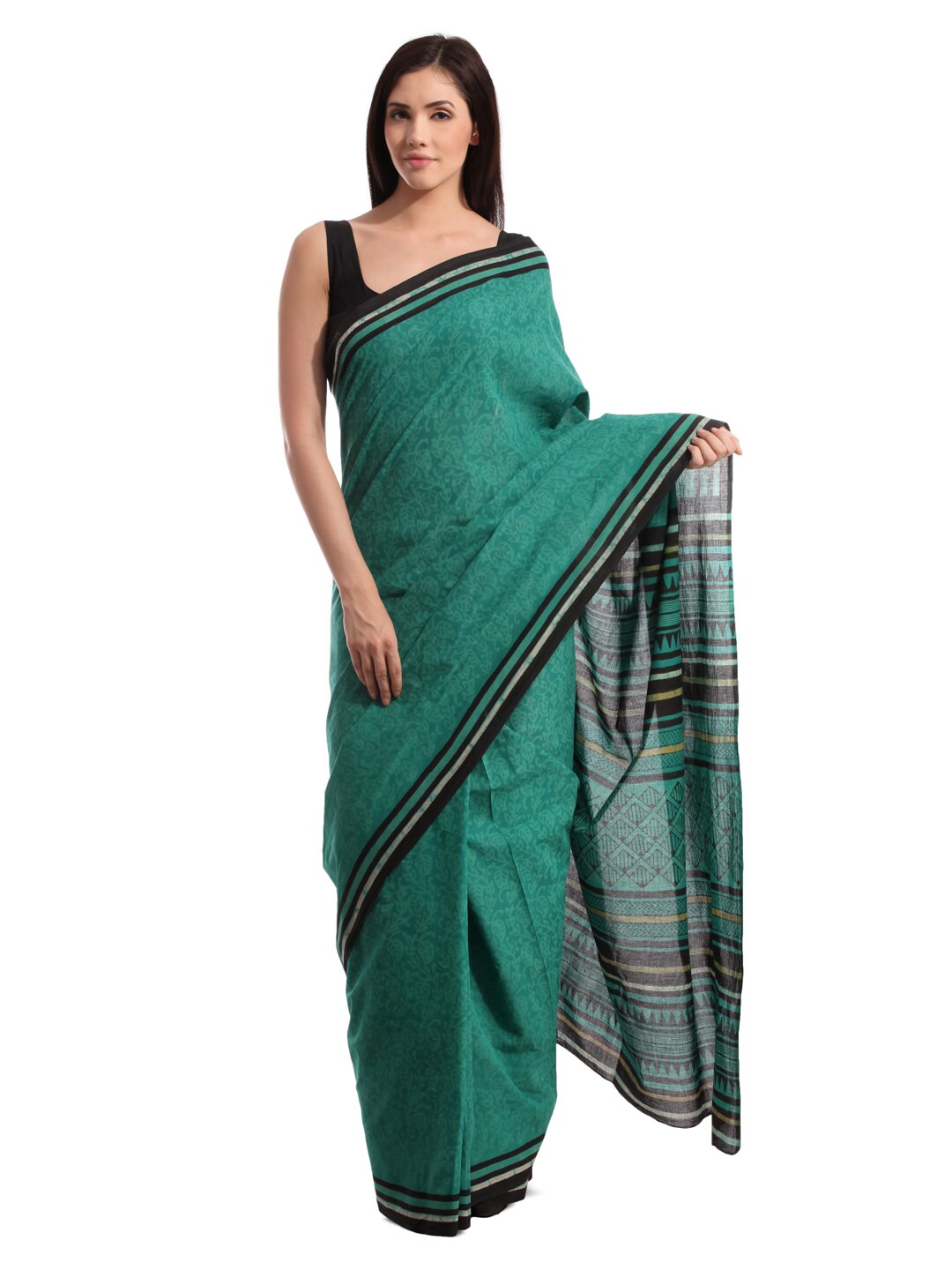 Fabindia H& Printed Green Cotton Mull Sari