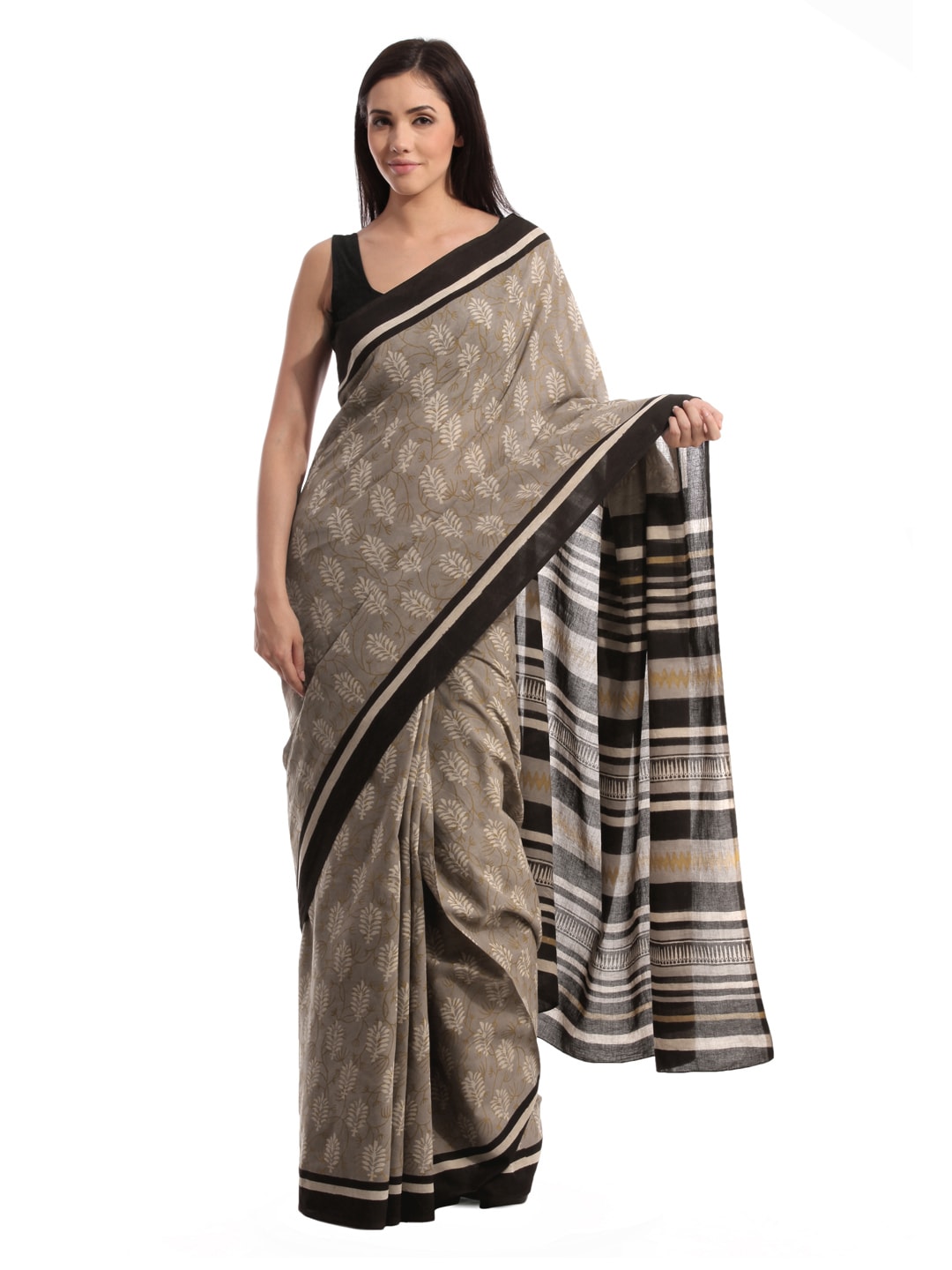 Fabindia H& Printed Grey Cotton Mull Sari