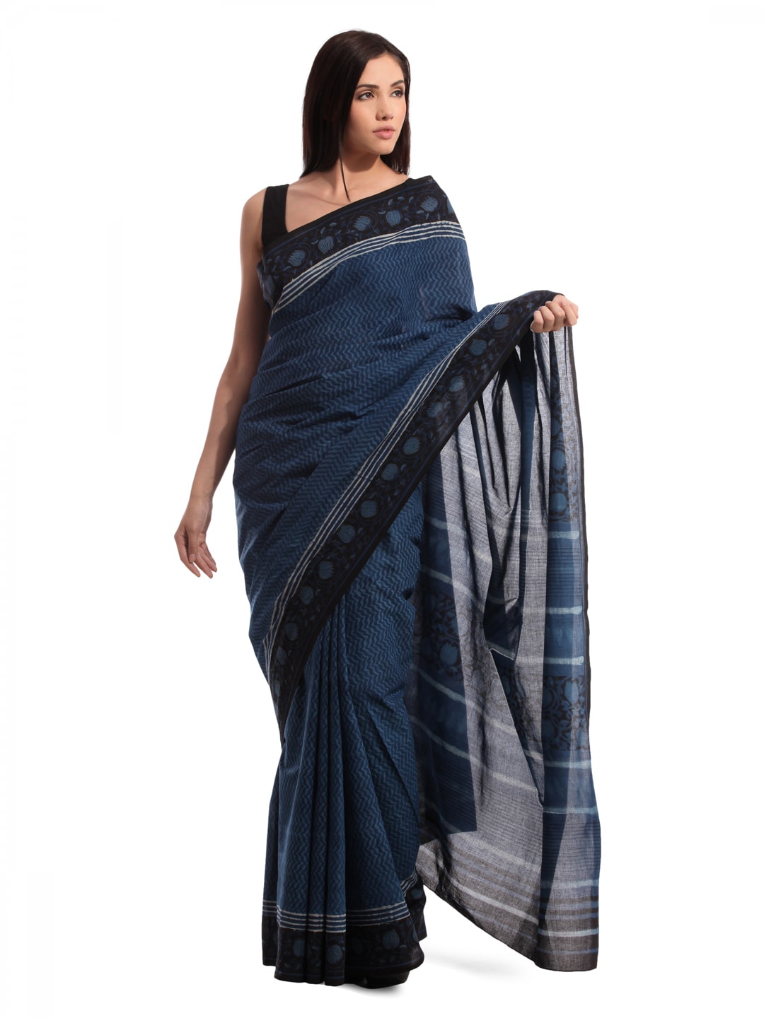 Fabindia H& Printed Navy Blue Cotton Mull Sari
