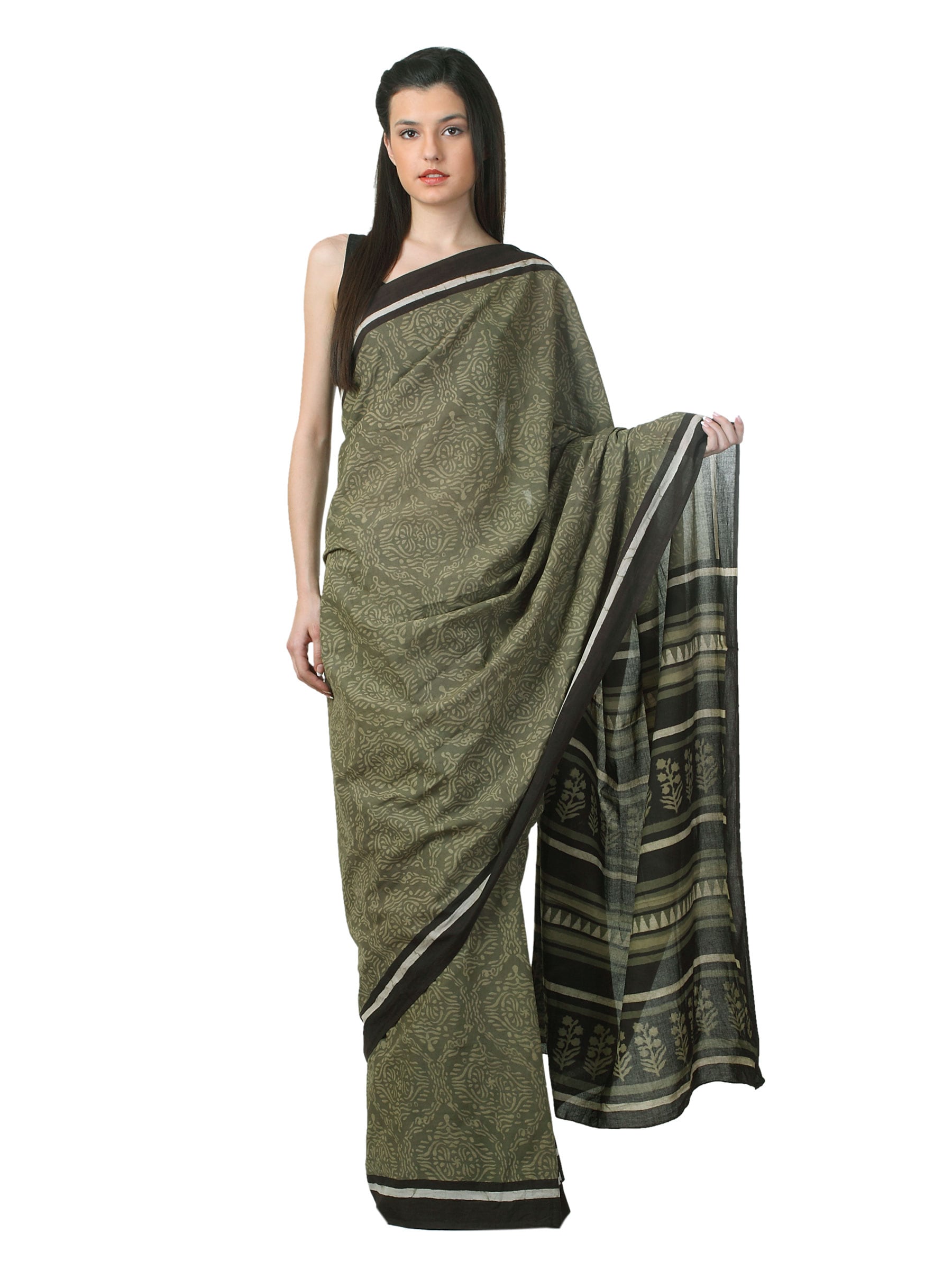 Fabindia Women H& Printed Olive Green Sari