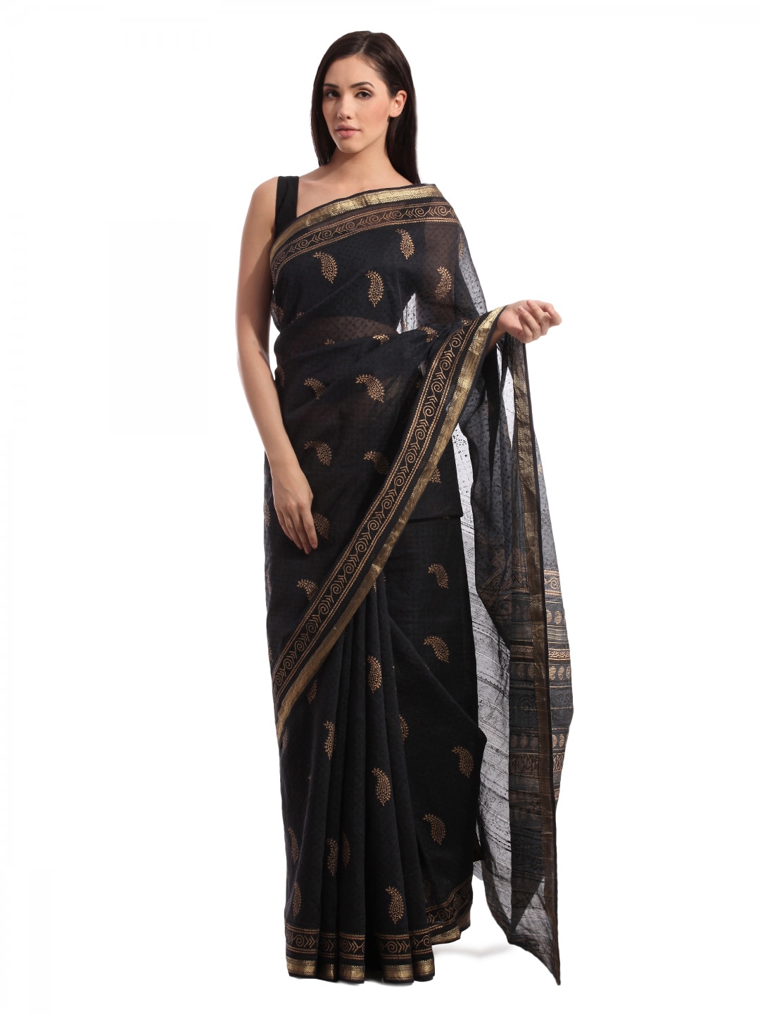 Fabindia H& Printed Black Cotton Silk Sari