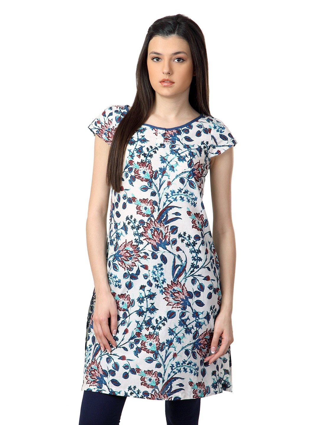 W Women White & Blue Printed Kurta