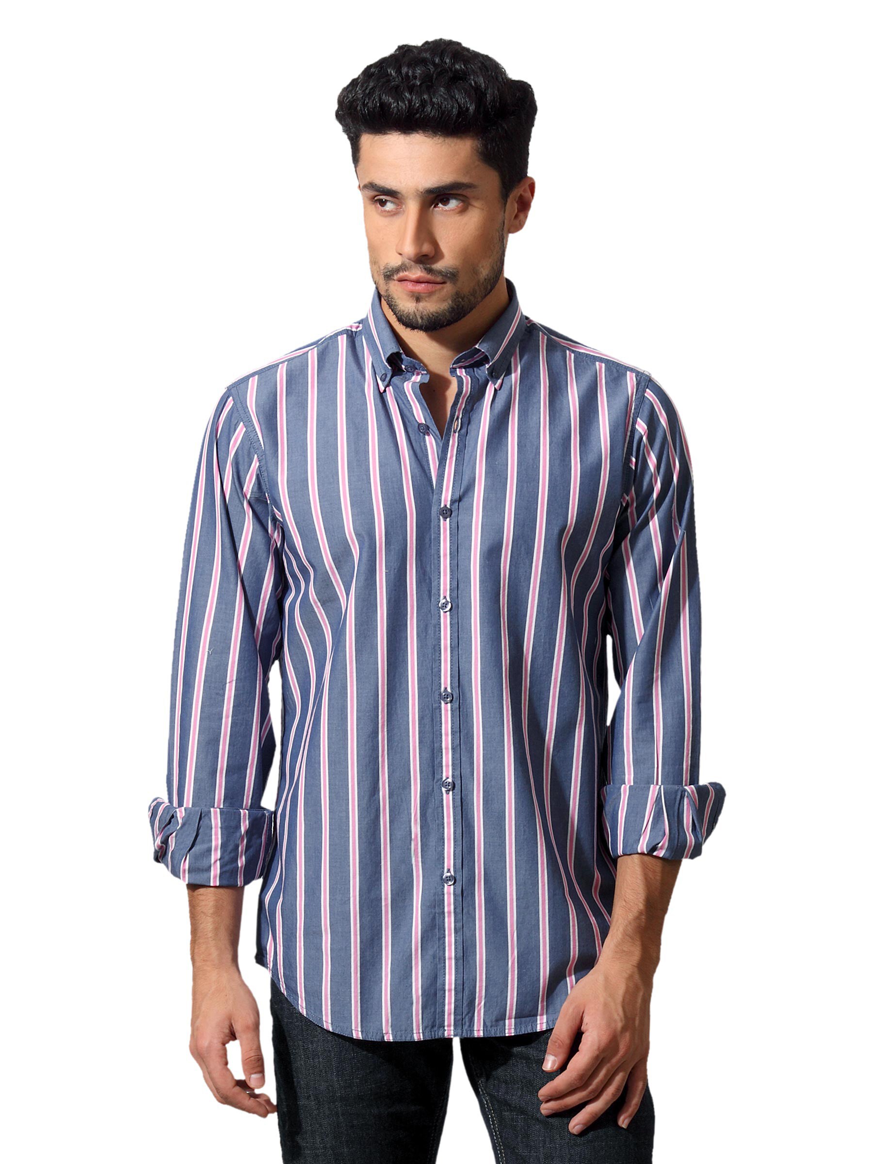 Wills Lifestyle Men Stripes Grey Shirt