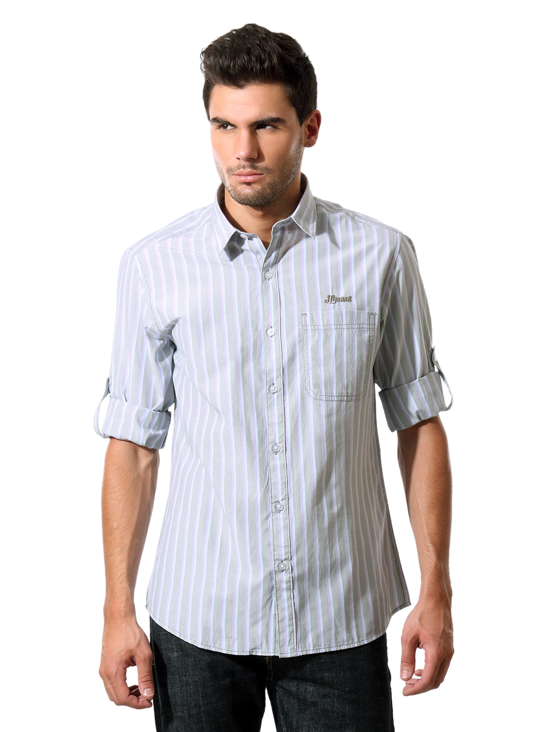 John Players Men Grey Striped Shirt