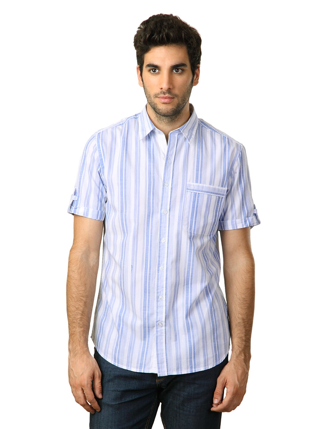 John Players Men Striped Blue Shirt