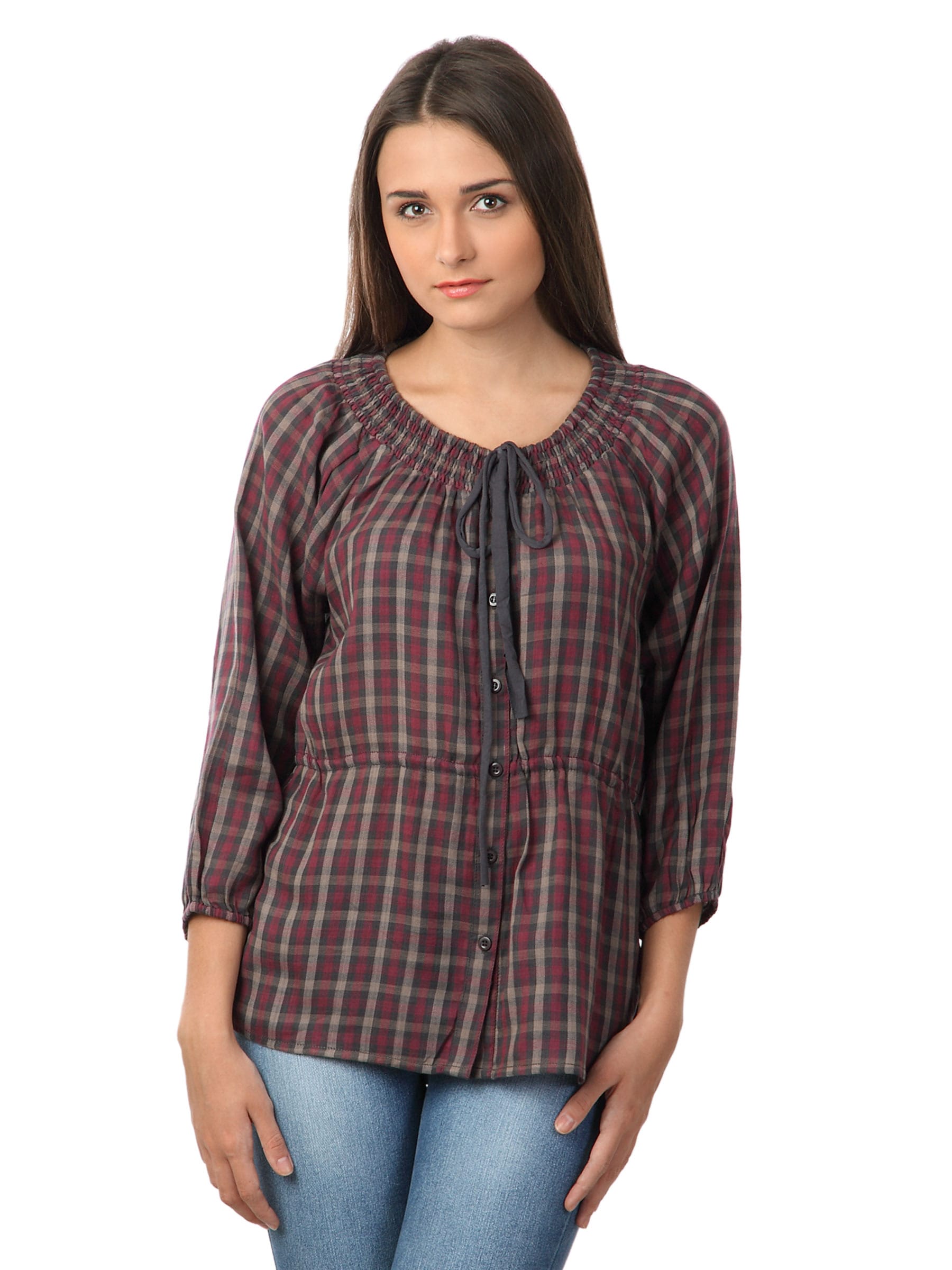 Latin Quarters Women Magenta & Brown Check Top