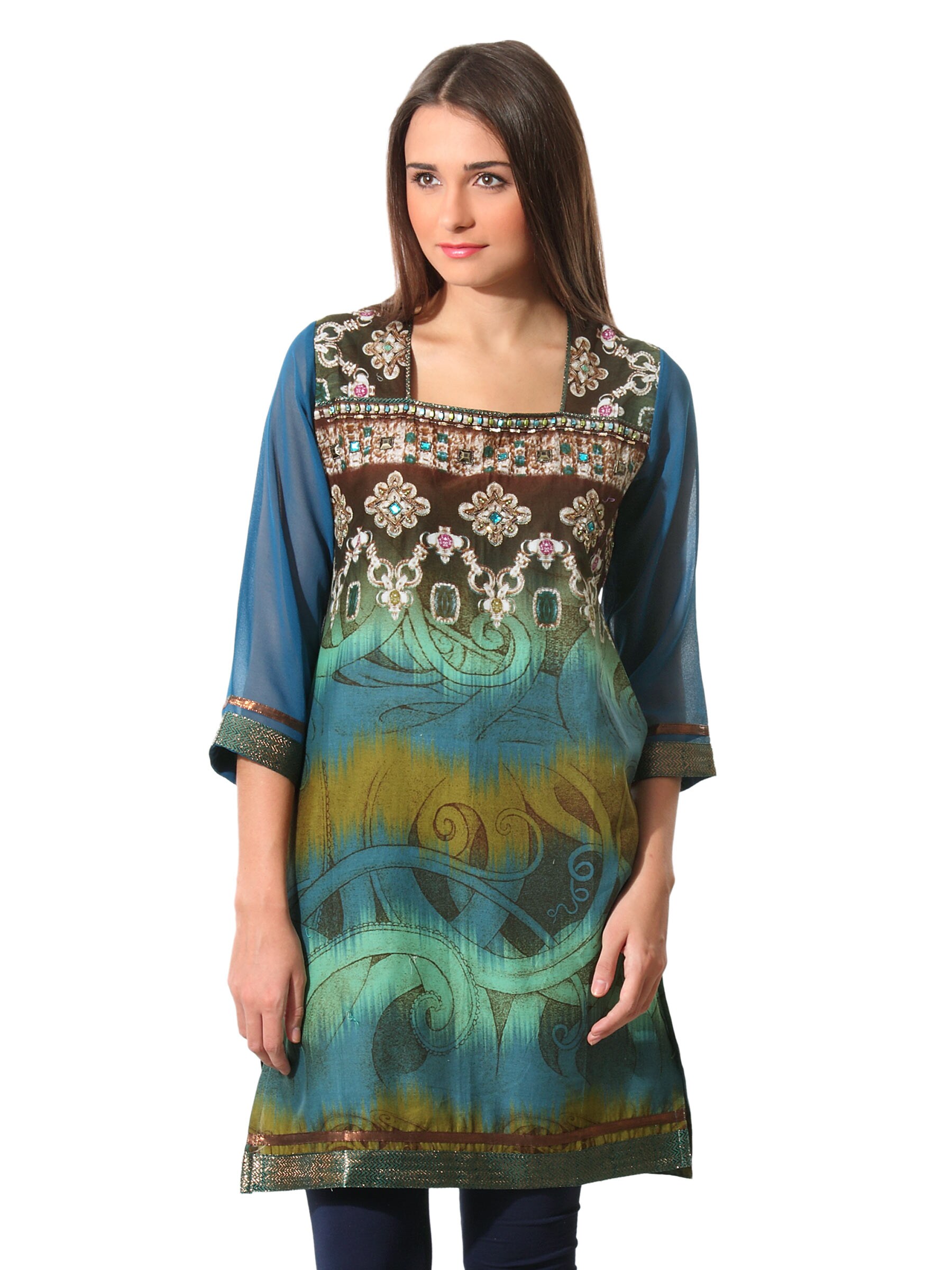 Aneri Women Green & Brown Printed Kurta