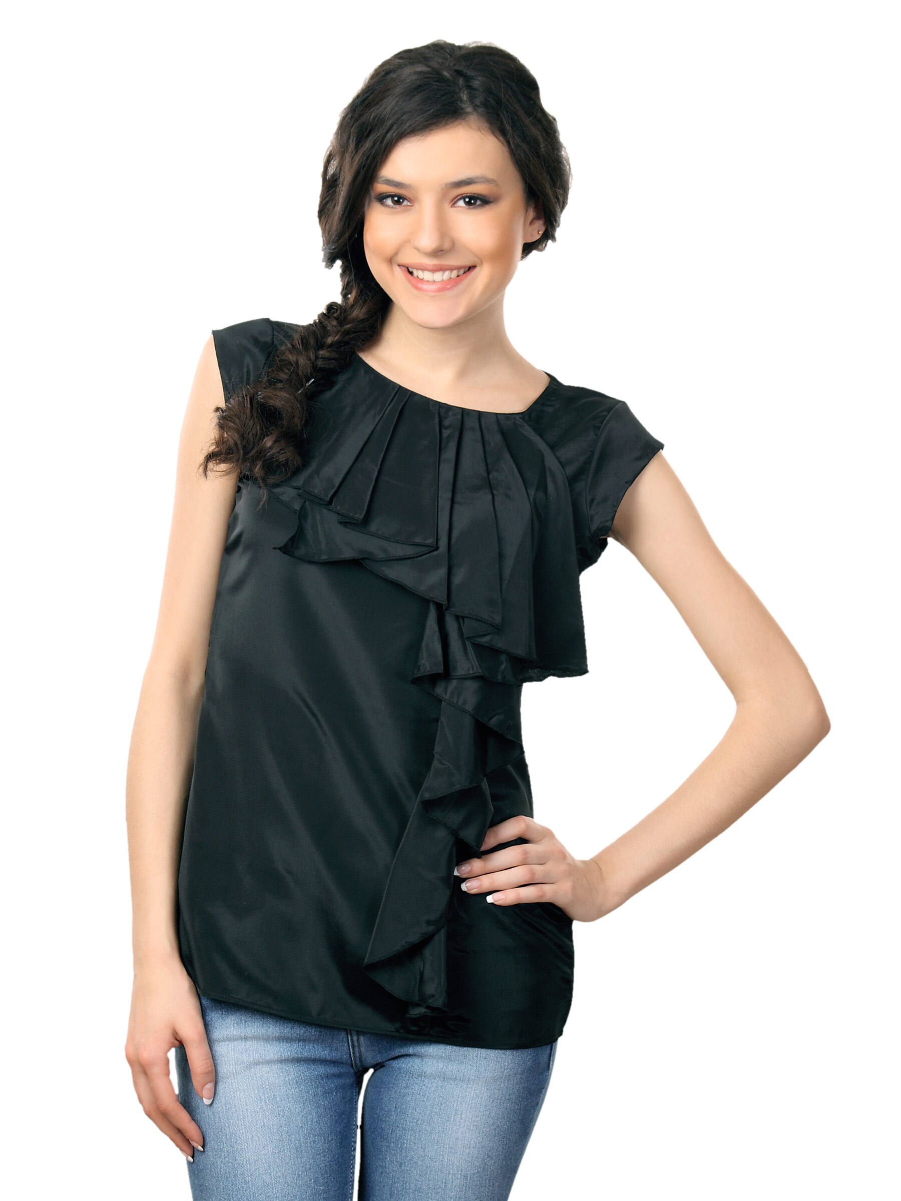 Femella Women Front Ruffle Black Top