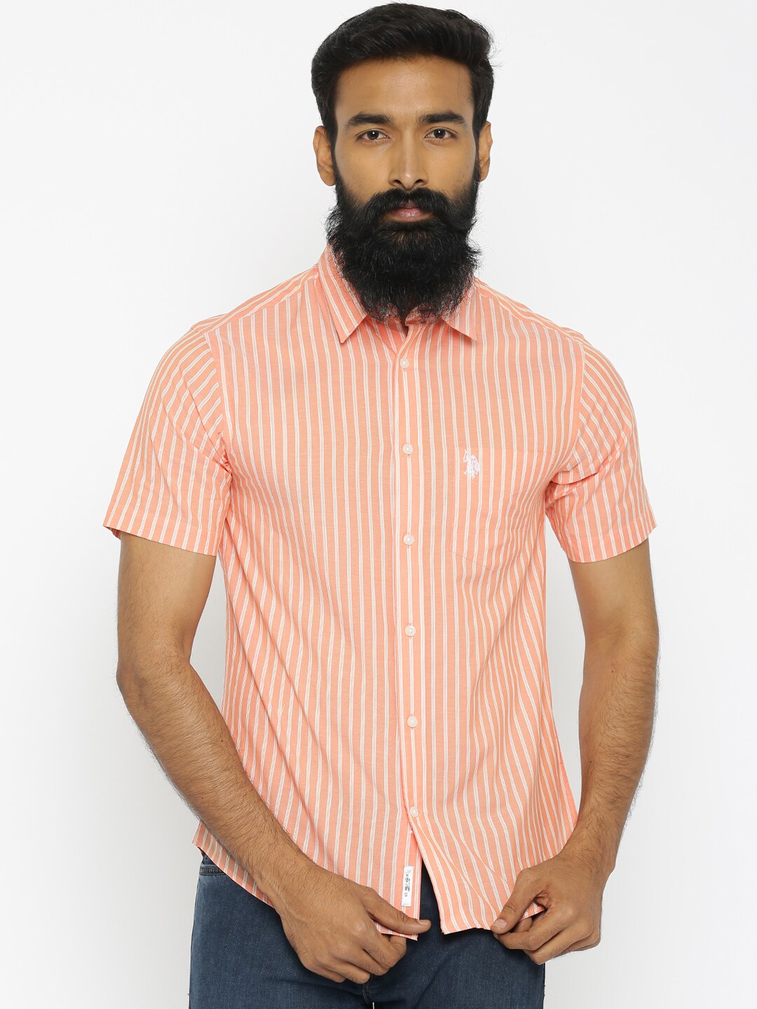 U.S. Polo Assn. Orange Tailored Fit Striped Casual Shirt